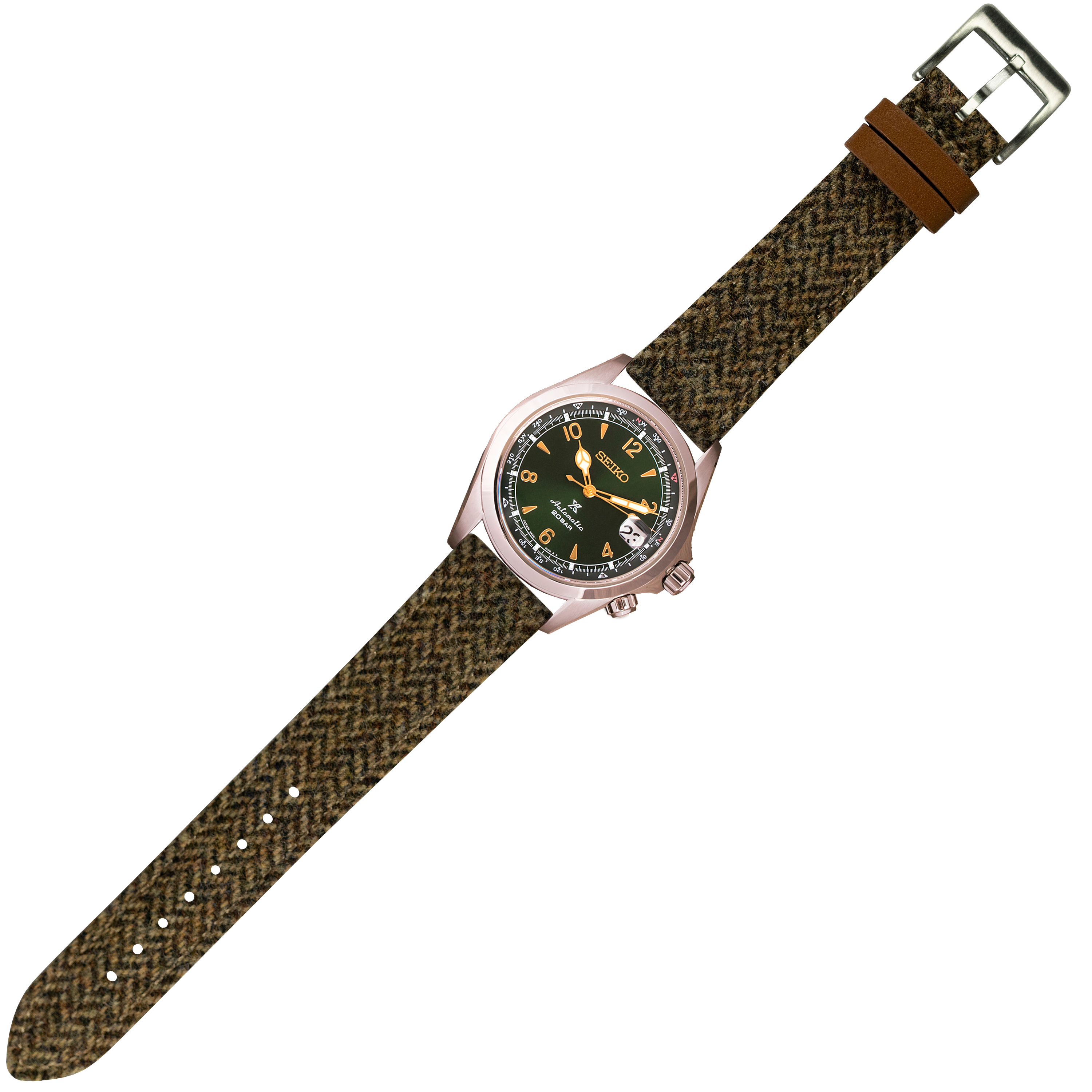 Seiko watch with stainless steel case, black dial, and Harris Tweed herringbone dark brown fabric strap with leather keeper