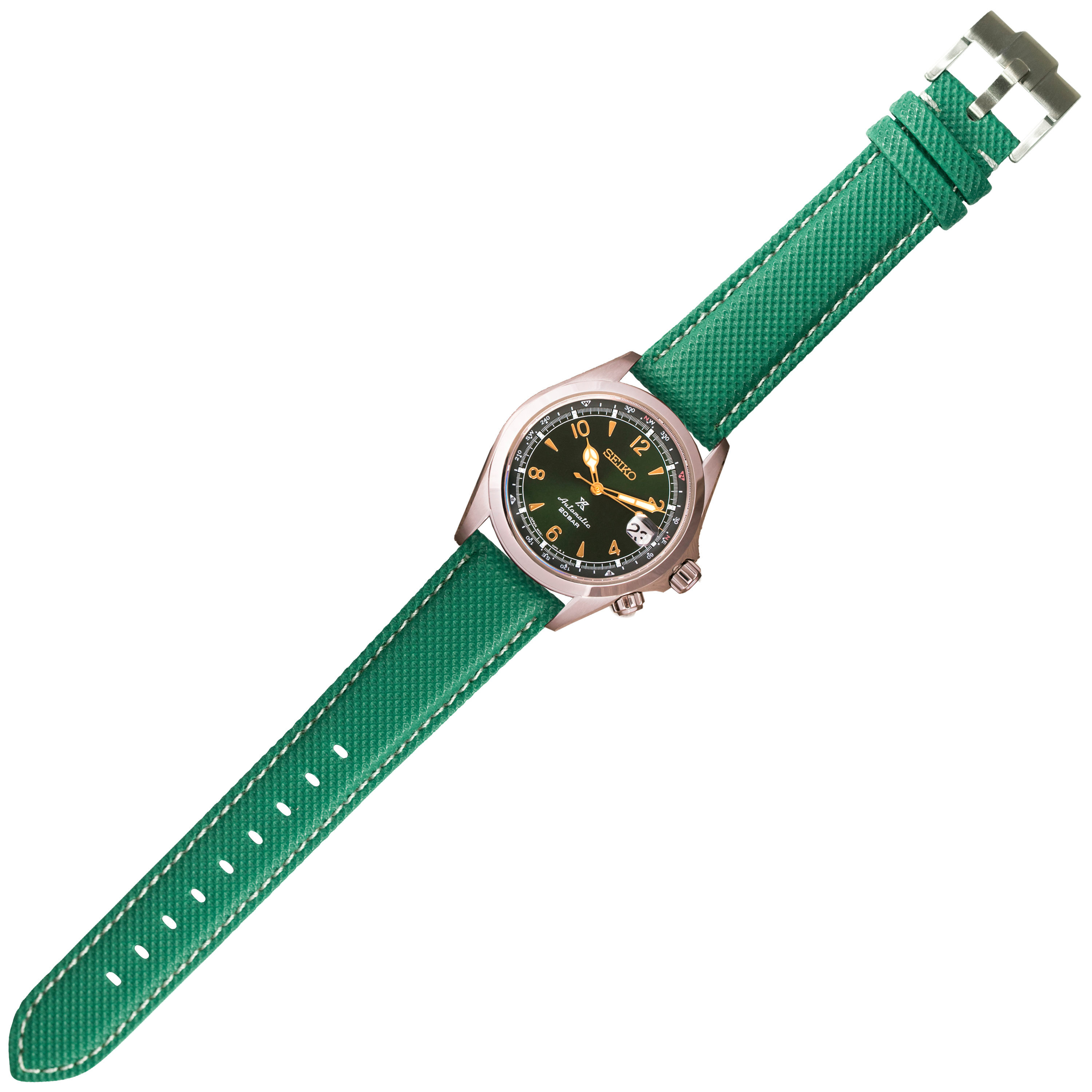 Seiko watch with emerald green sailcloth strap, white stitching, black dial with gold numerals and quick release buckle