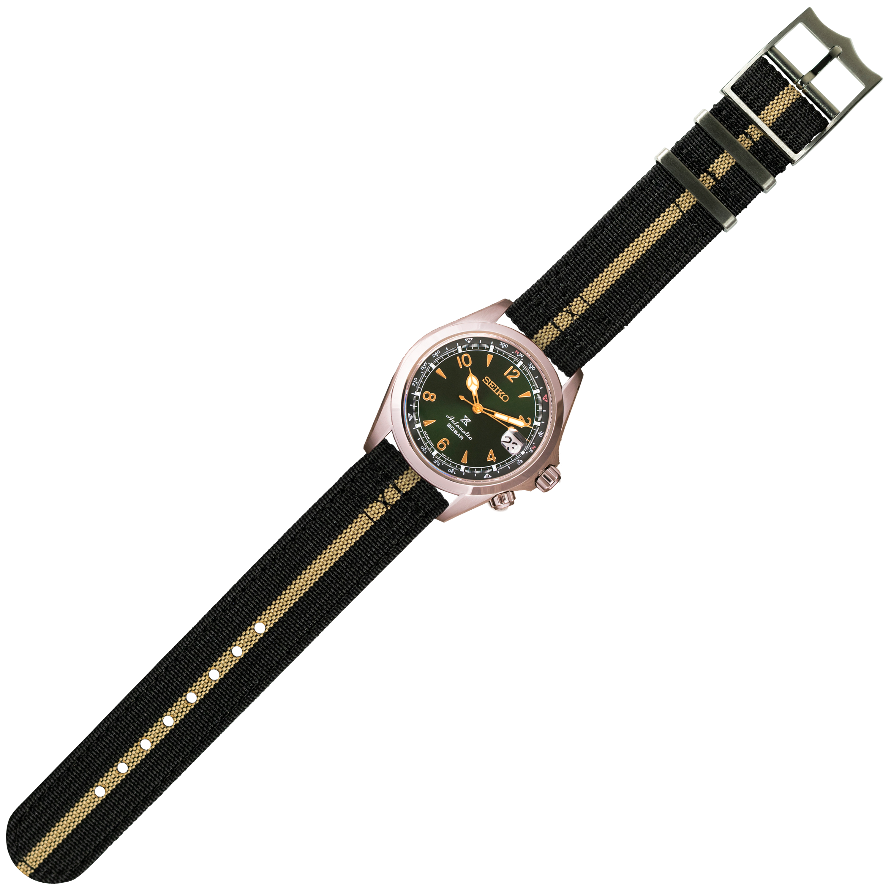 Seiko automatic watch with black dial and gold accents on stainless steel case, paired with quick release black and tan striped fabric strap