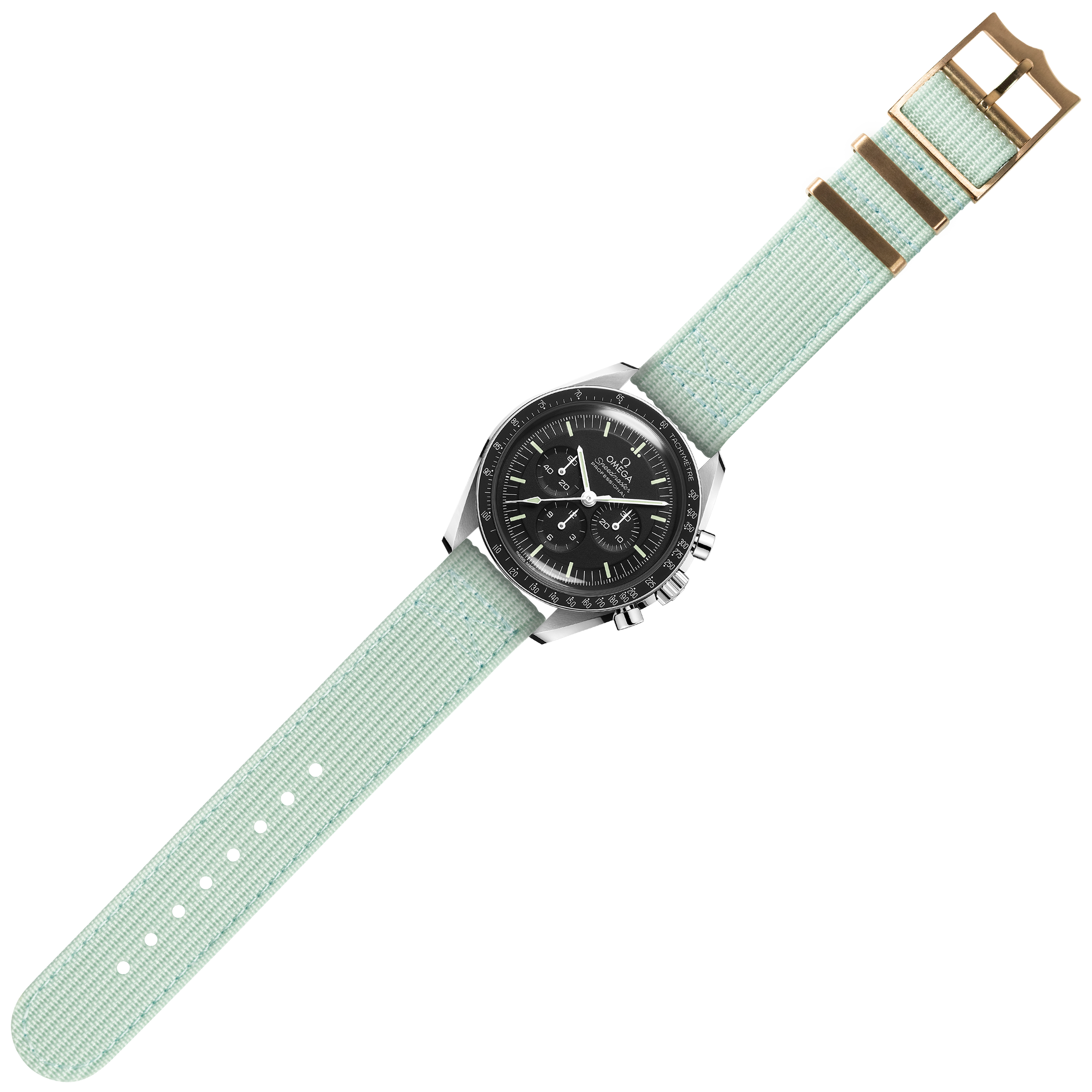 Chronograph watch with black dial and stainless steel case on light blue fabric quick release strap with bronze hardware