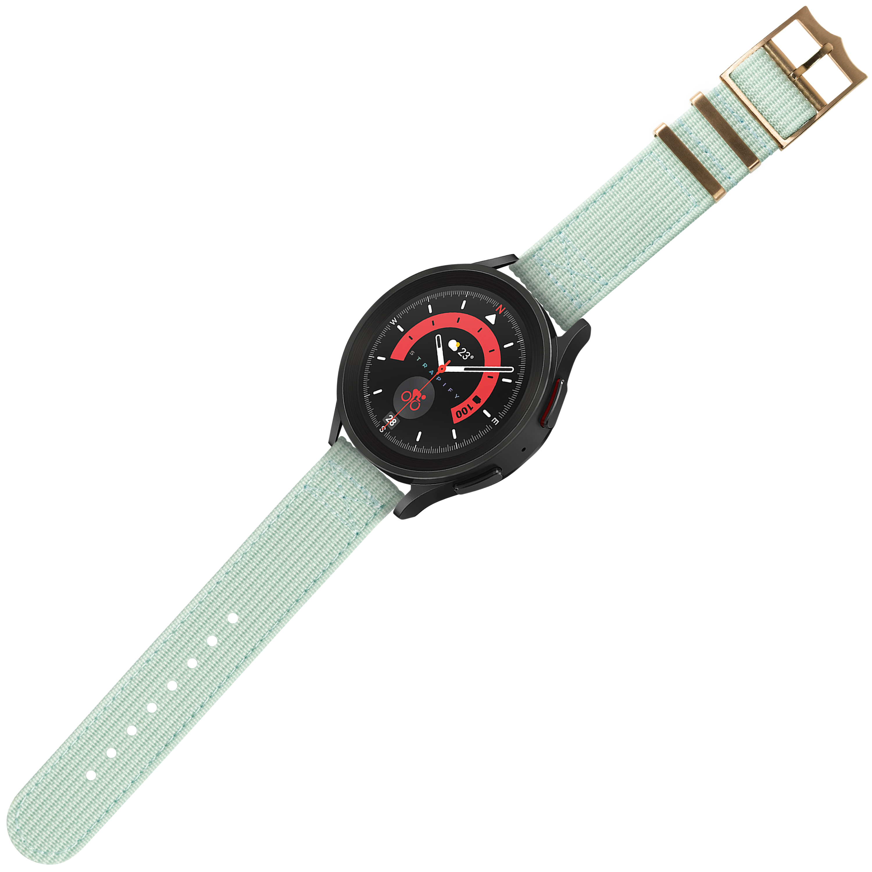 Black smartwatch with red dial and light blue fabric quick release strap with bronze buckle