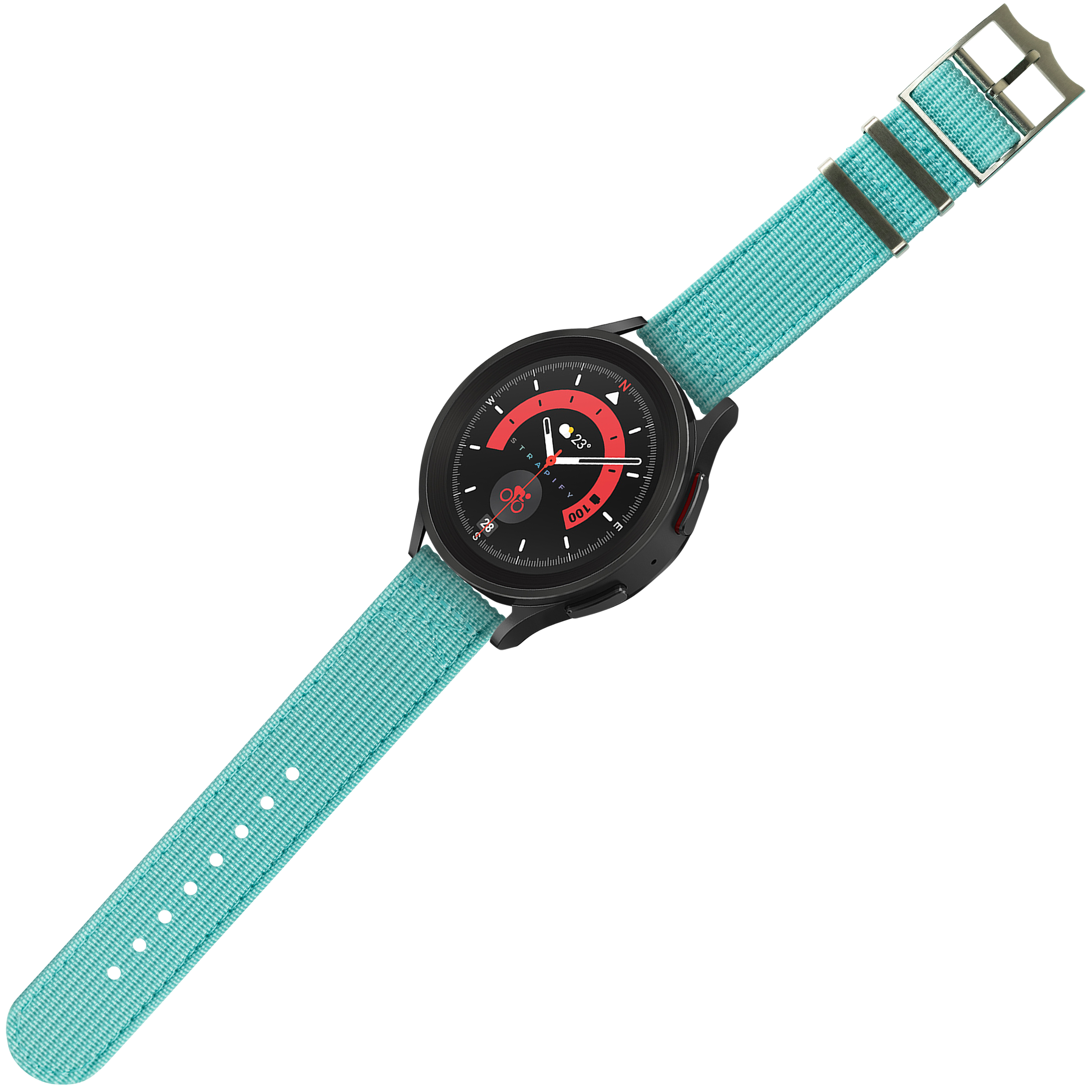 Black sports watch with red dial and tiffany blue quick release fabric strap