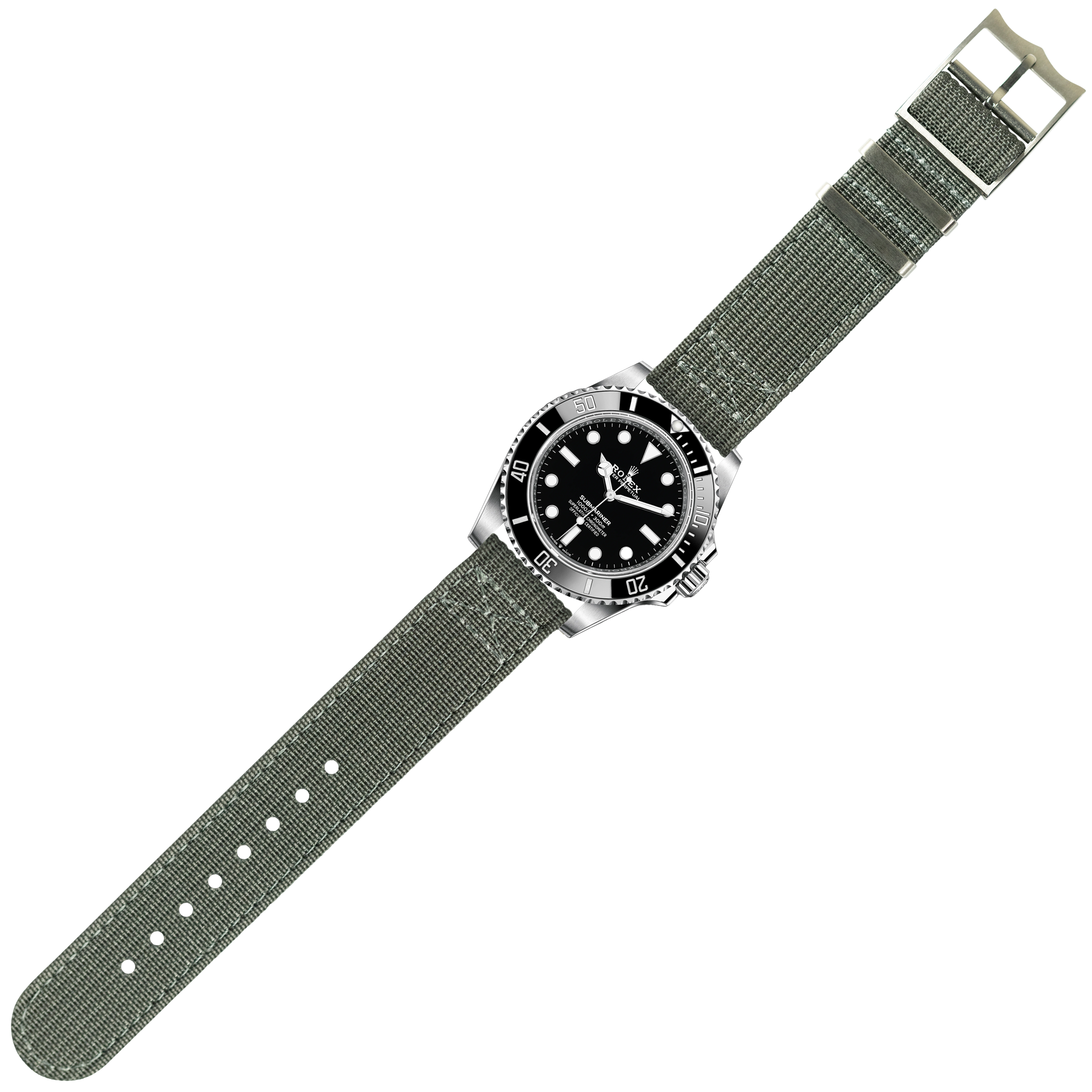 Stainless steel dive watch with black dial and rotating bezel on grey fabric military quick release strap