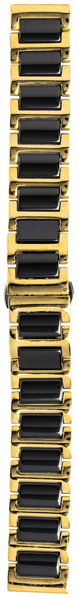Gold and black ceramic steel quick release watch bracelet, vertical flat lay, even lighting