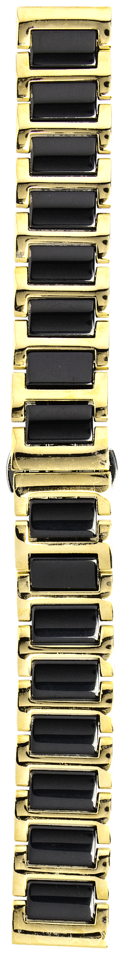 Gold and black ceramic steel quick release watch bracelet, vertical flat lay