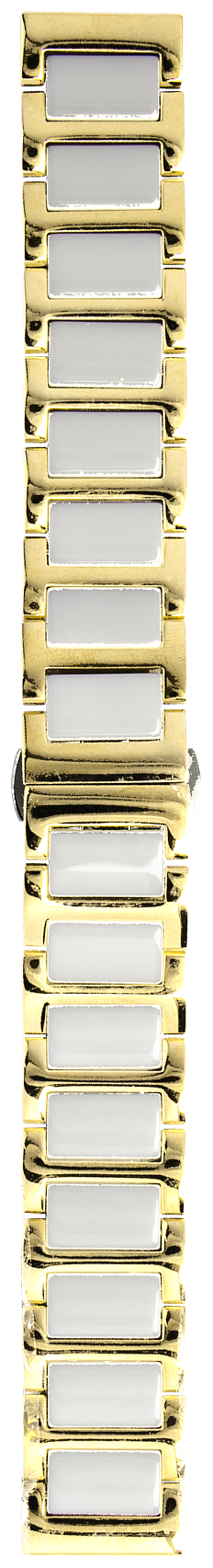 Gold and white ceramic steel quick release watch bracelet, vertical flat lay