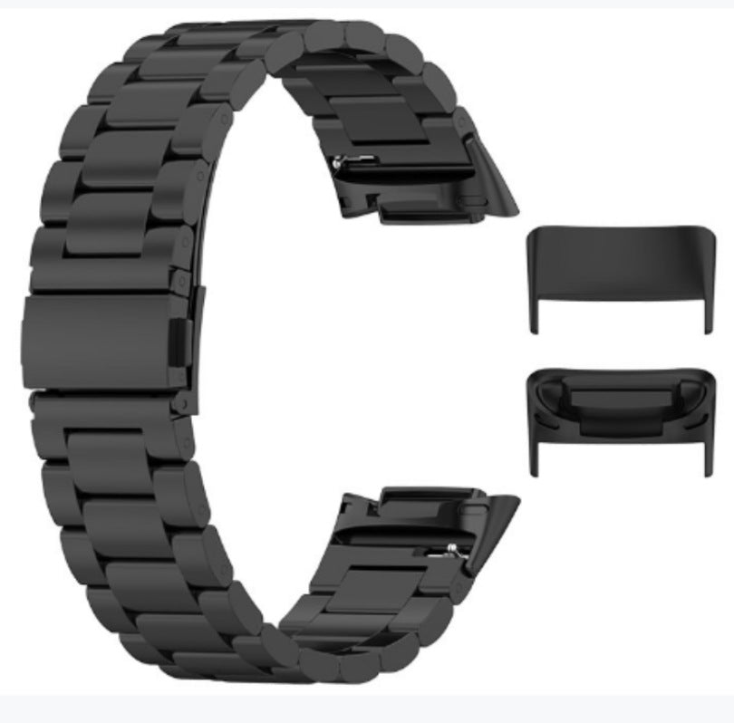 Black stainless steel band with spring bar adapters for Fitbit Charge 5 and 6 smartwatch, includes connector pieces