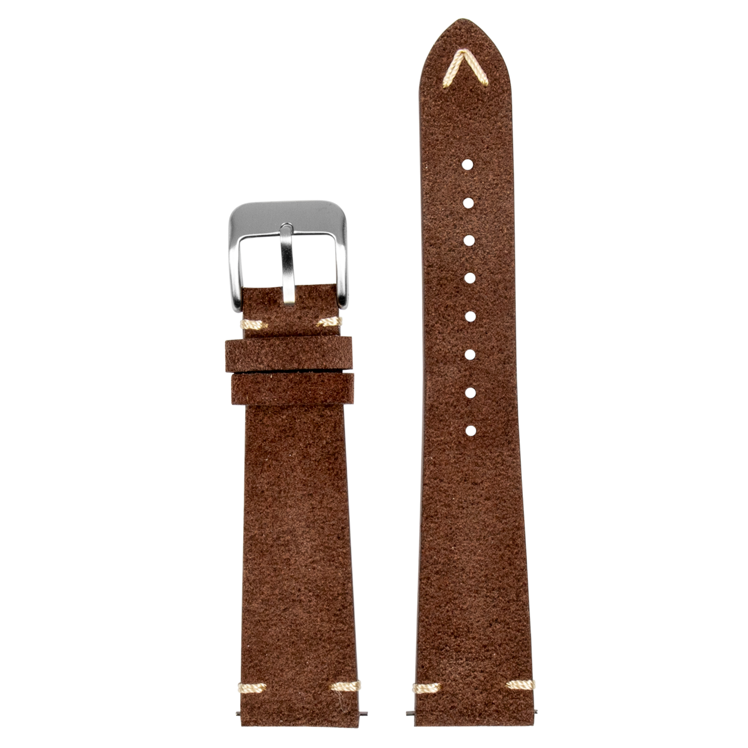Brown suede leather quick release watch strap with silver buckle and white stitching detail
