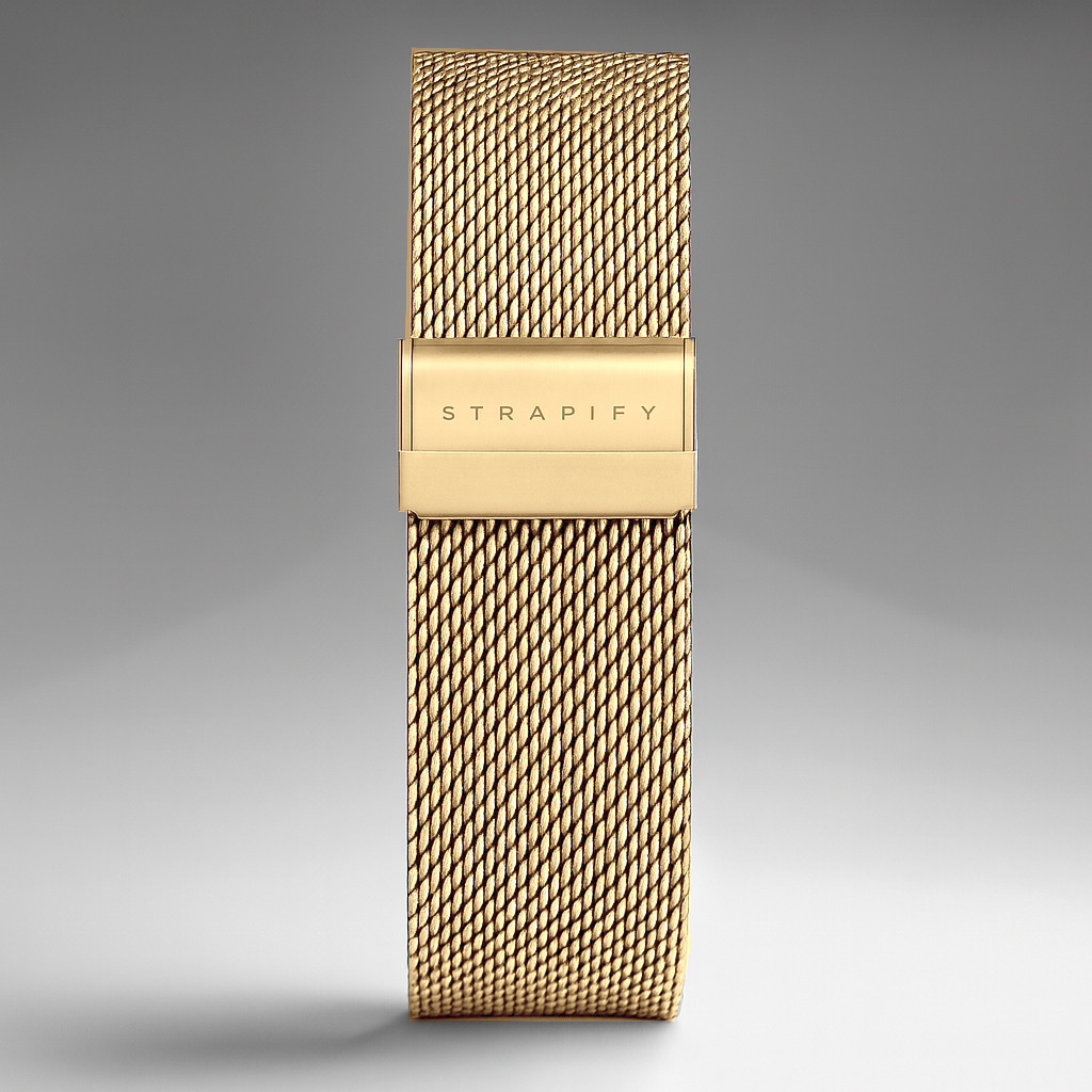 Gold mesh stainless steel Milanese watch band with quick release titanium connectors and branded clasp