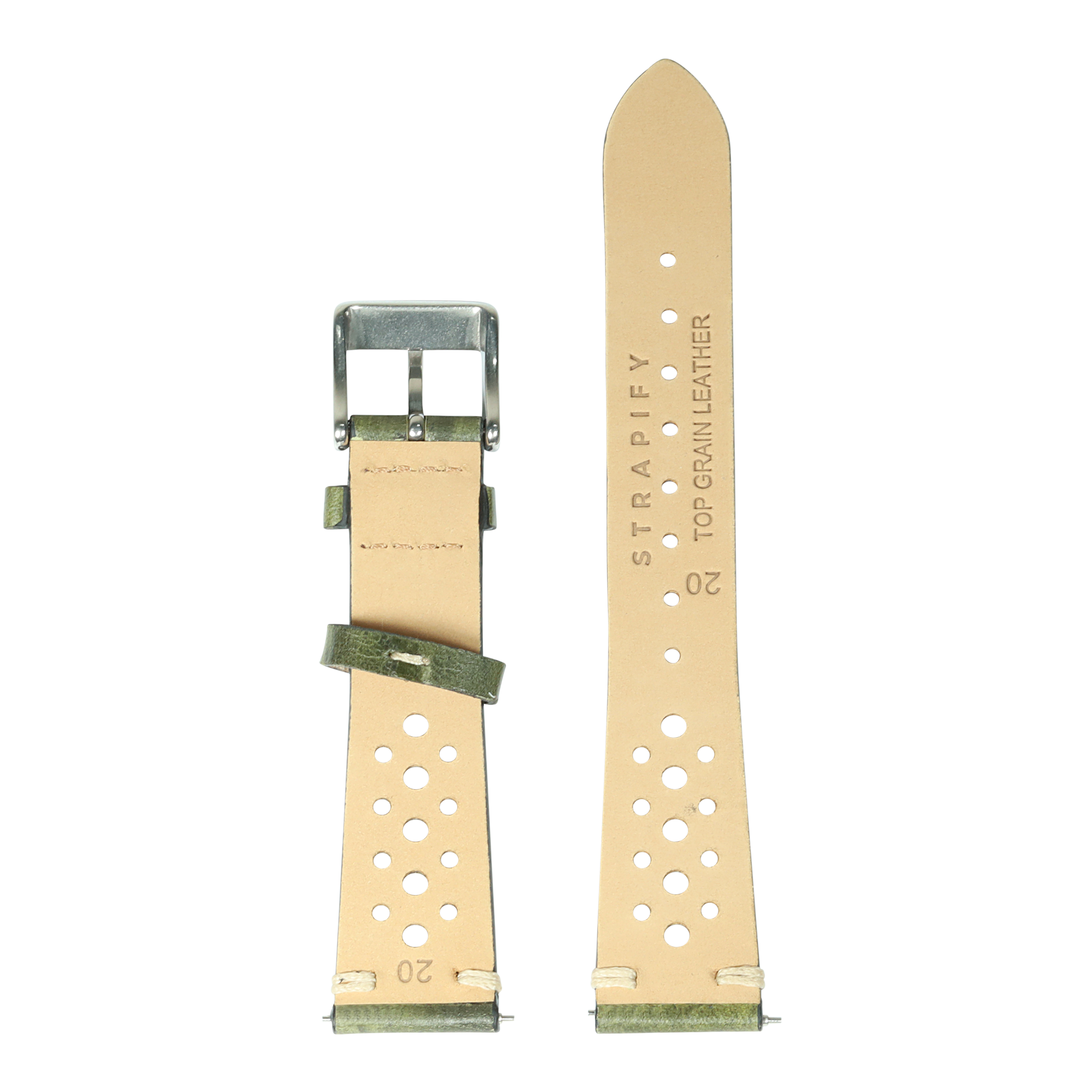 Burnished Amazon green leather quick release watch strap with perforations, vintage rally design, 20mm width, metal buckle and keeper
