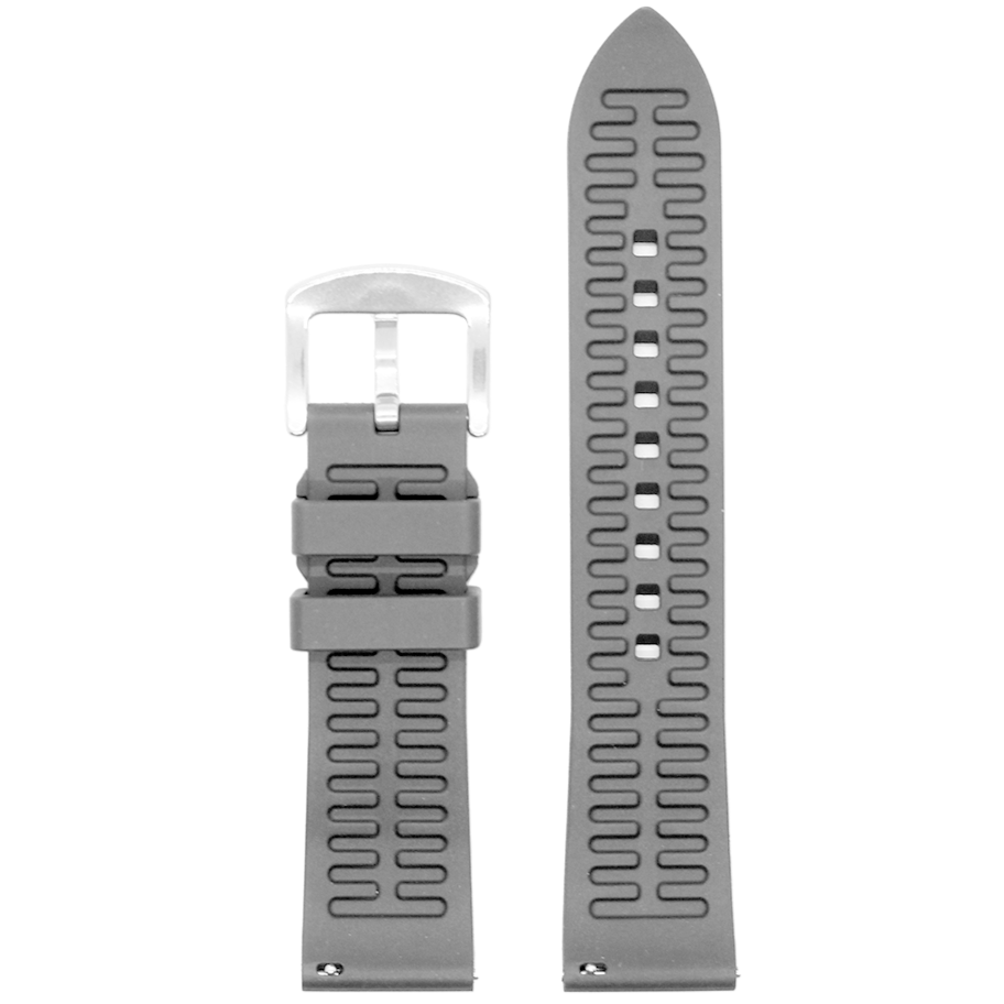 Grey rubber quick release watch band with textured pattern and buckle clasp