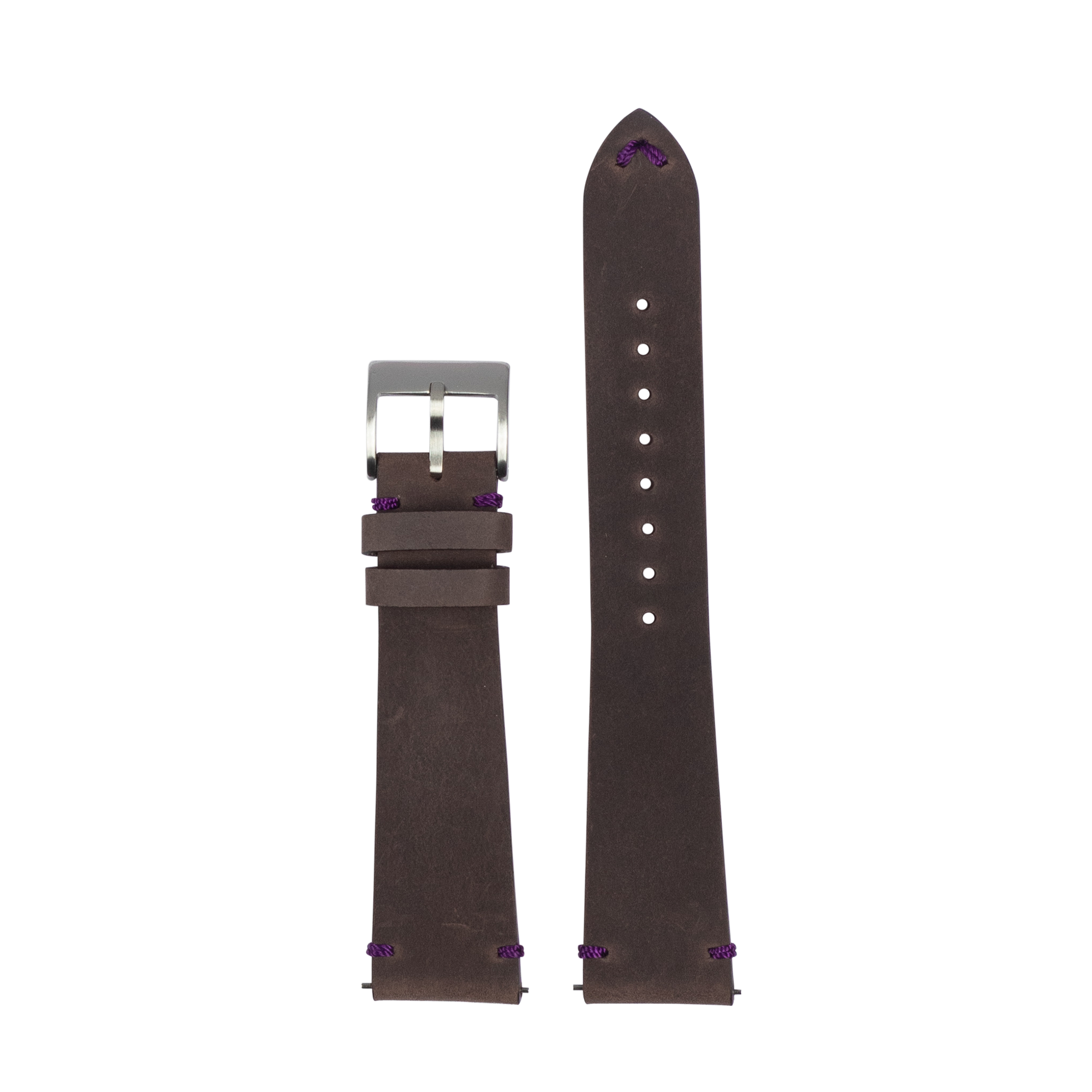 Dark brown leather watch band with purple stitching and silver buckle, shown assembled and unassembled for Fitbit Versa and Sense smartwatches