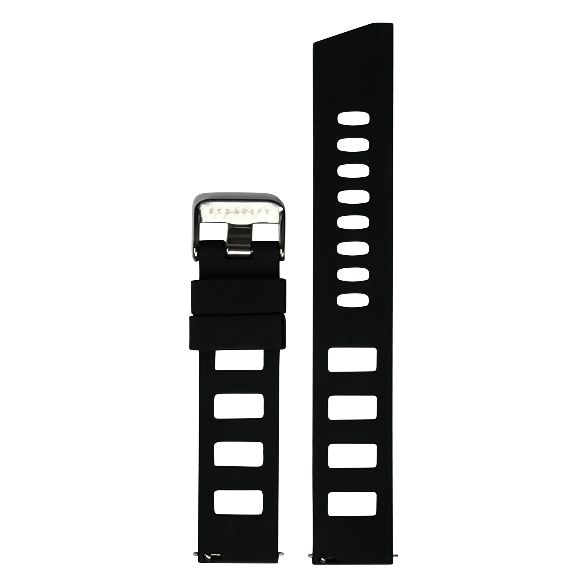 Black silicone quick release watch strap with stainless steel buckle and ventilation holes, two sizes shown