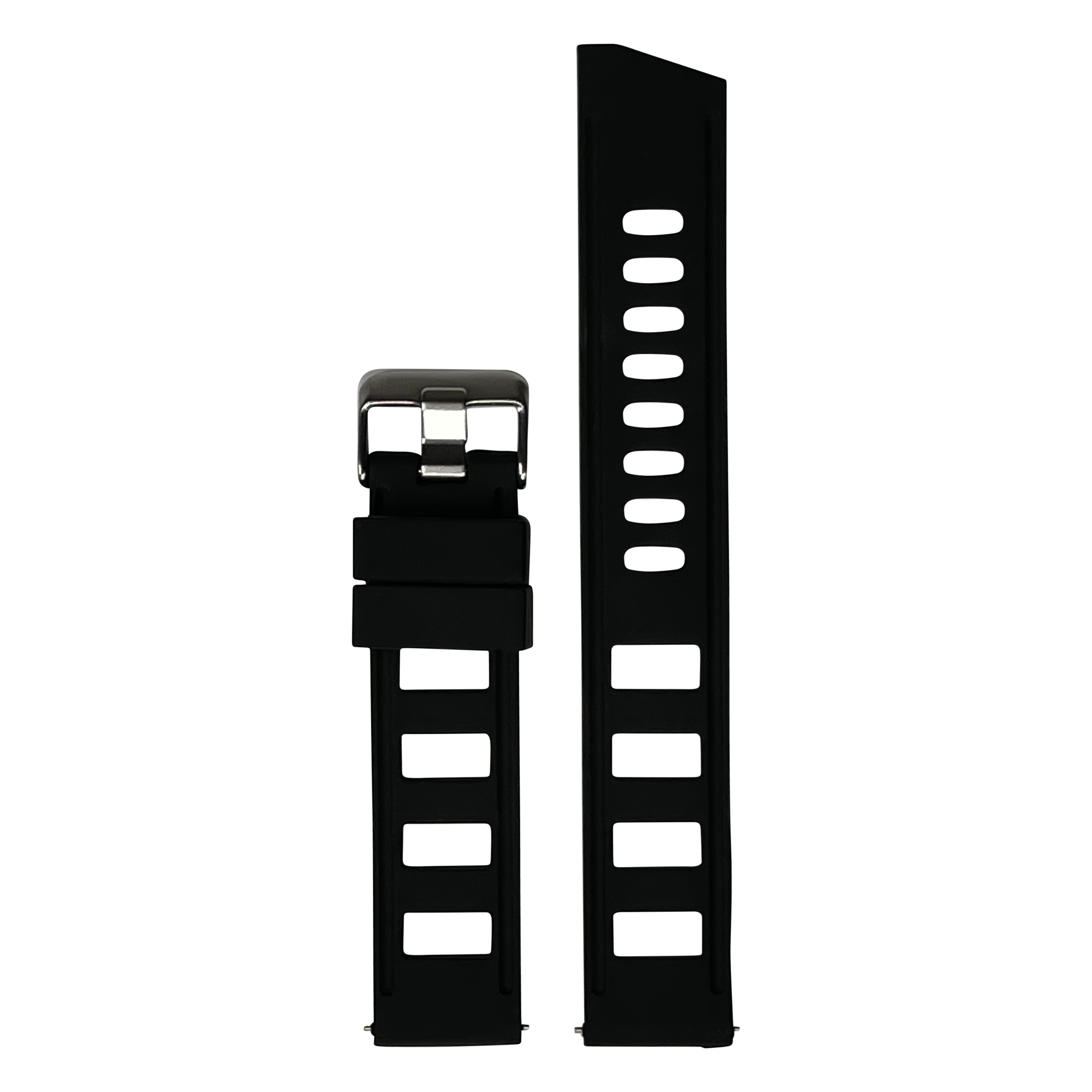 Black silicone quick release watch band with vented design and stainless steel buckle clasp