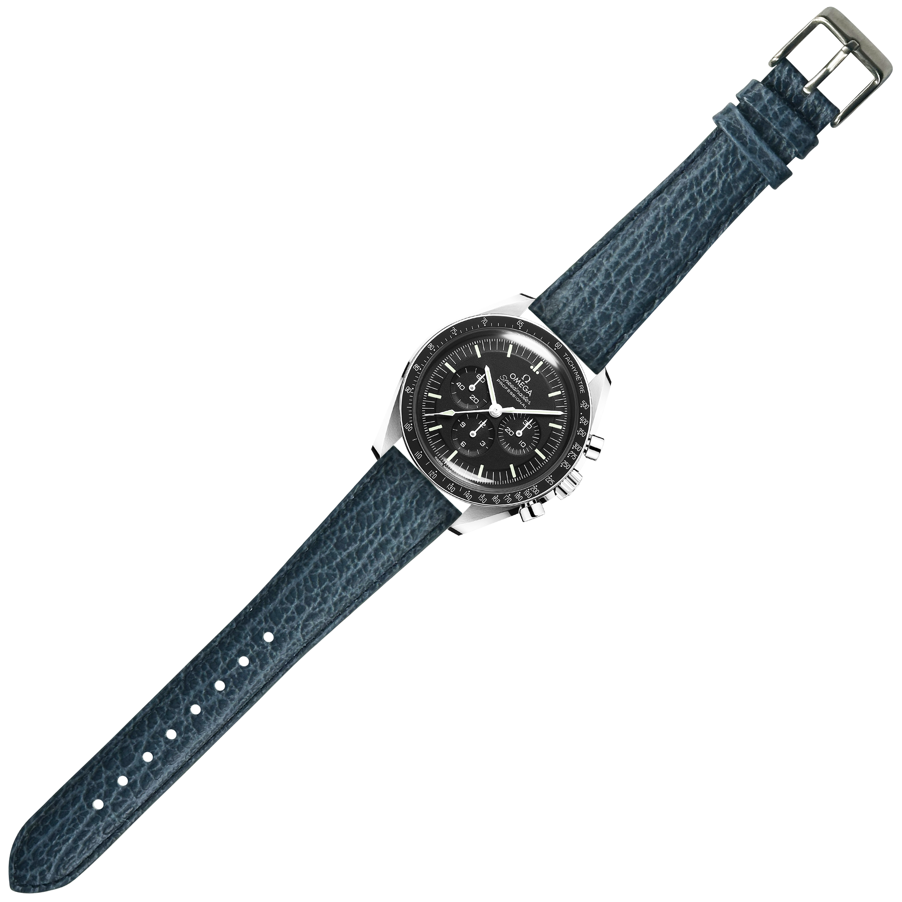 Stainless steel chronograph watch with black dial and blue faux sharkskin quick release leather strap
