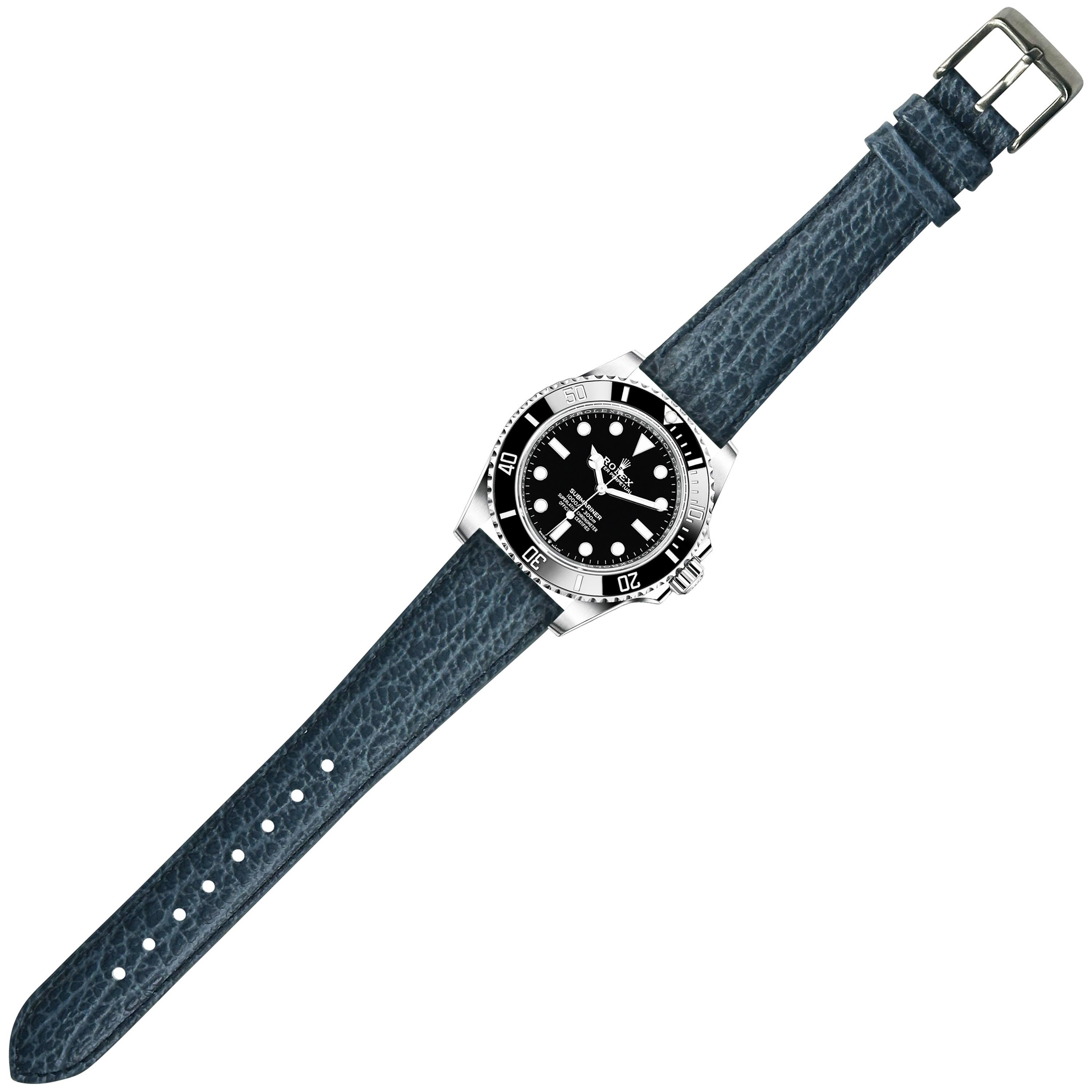 Stainless steel dive watch with black dial and rotating bezel on blue faux sharkskin quick release strap