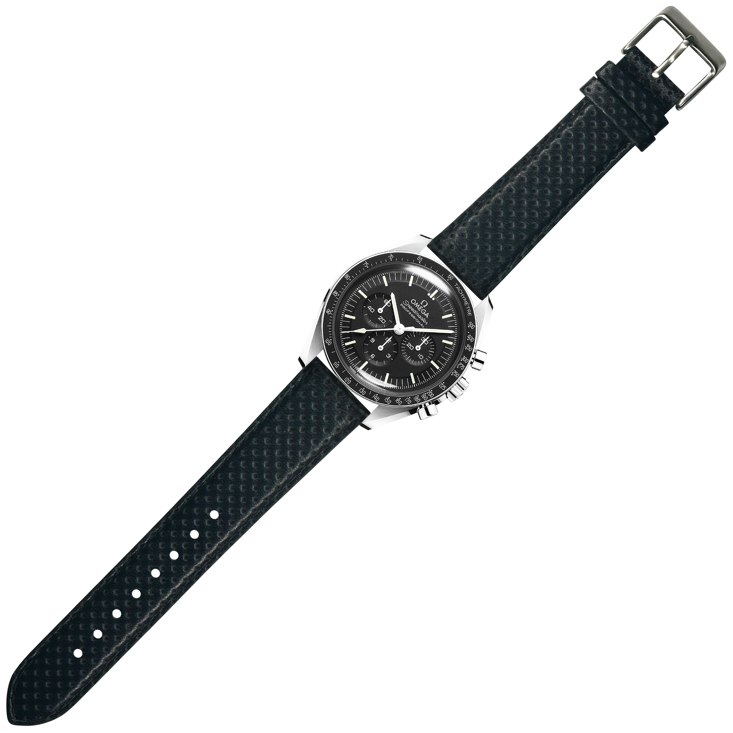 Black perforated racing leather watch strap with quick release buckle and metal hardware for chronograph watches