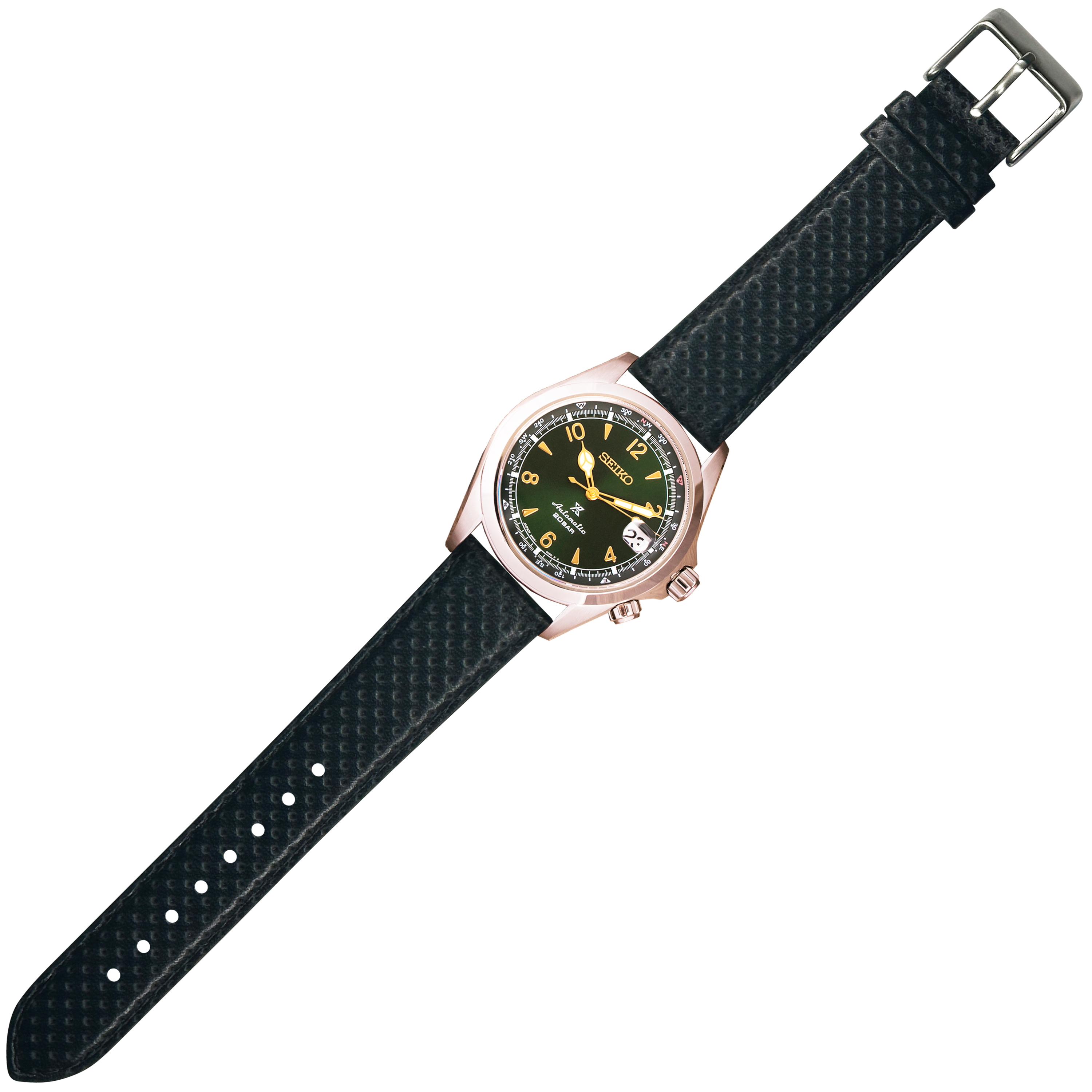 Rose gold watch with black perforated leather racing strap, yellow dial, date window, and stainless steel buckle