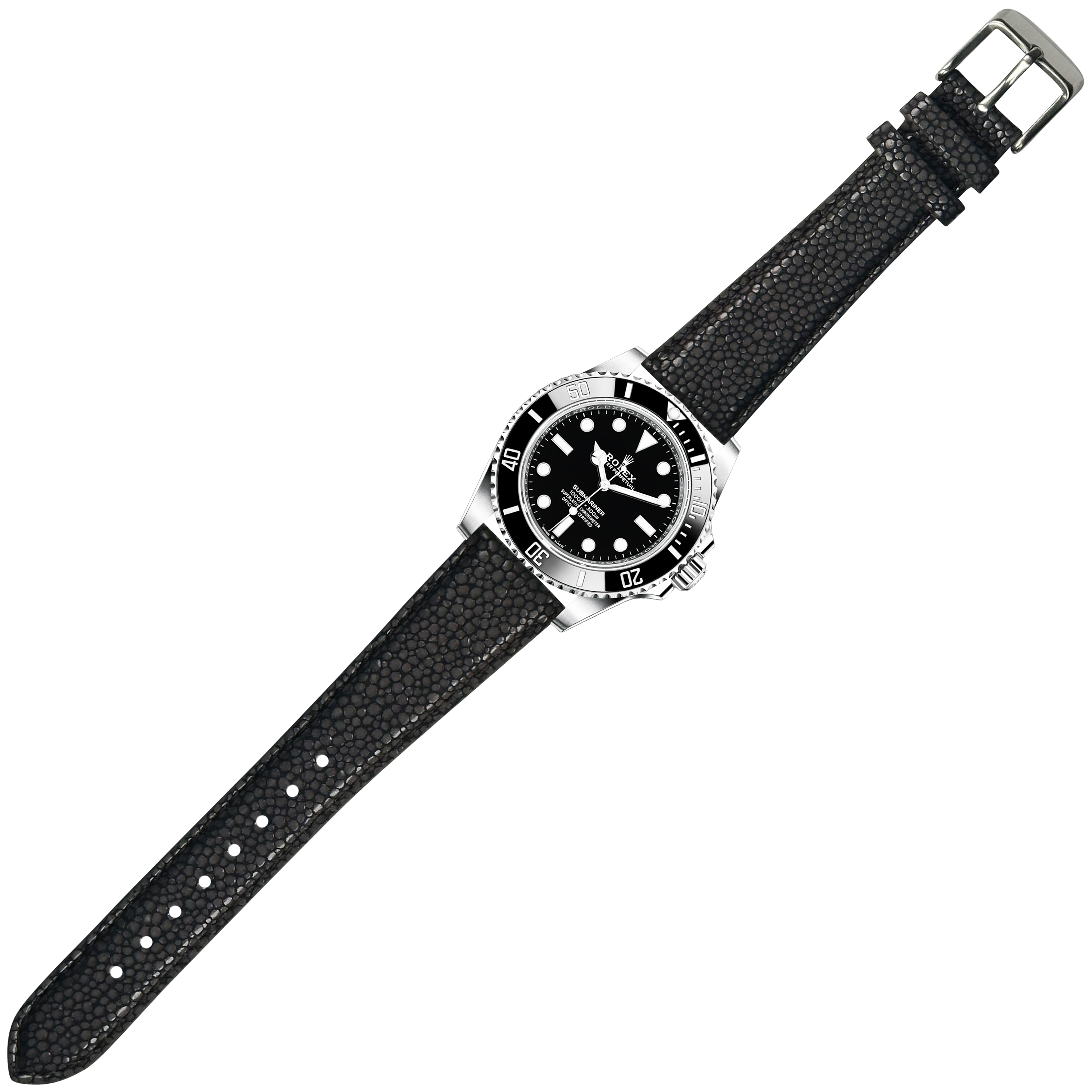 Stainless steel diving watch with black dial and rotating bezel on black textured quick release strap