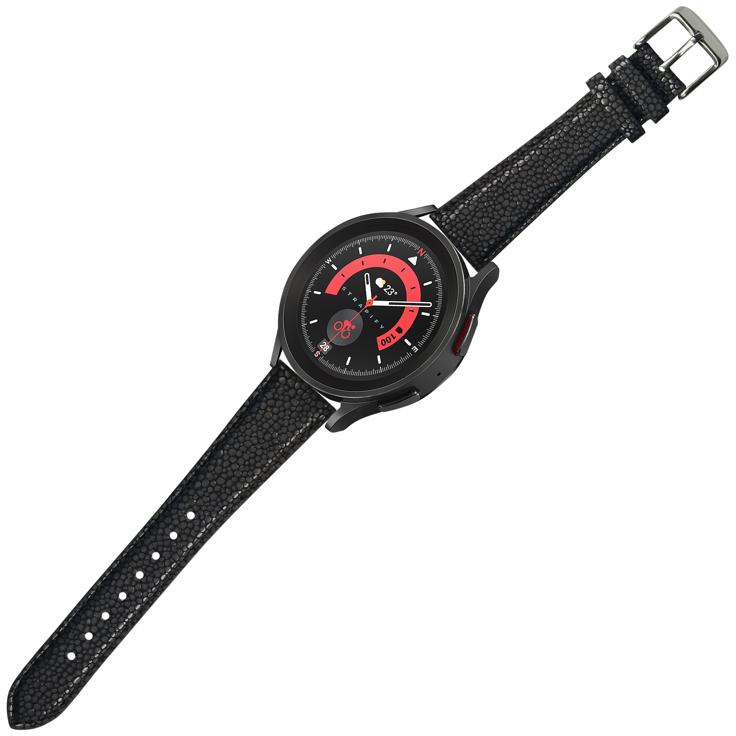 Black sports watch with red dial, textured faux stingray leather strap, and silver buckle on white background