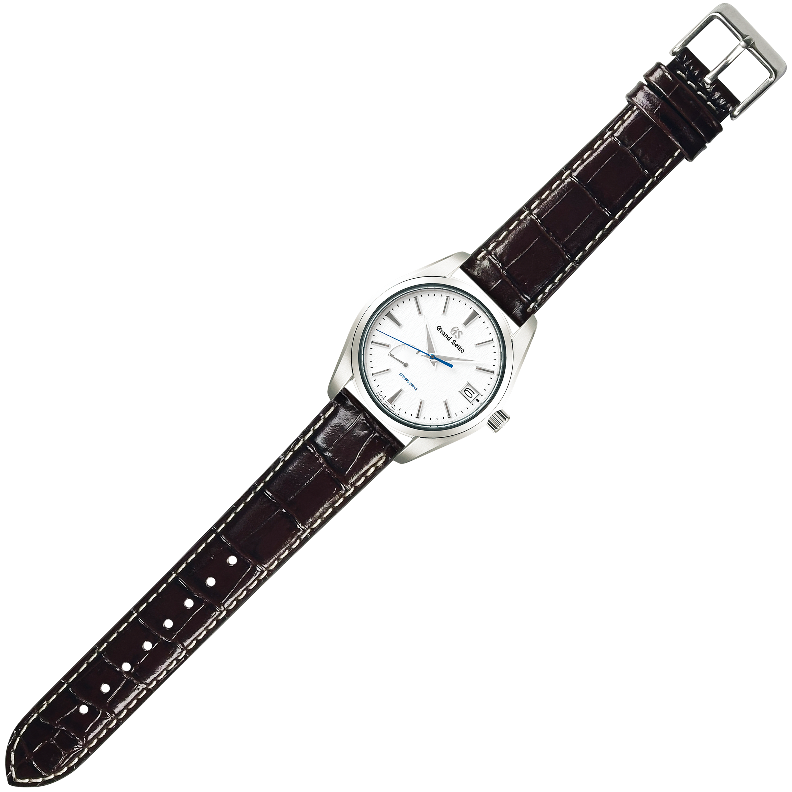 Men's dress watch with silver case, white dial, blue hands, date window, and dark brown alligator leather strap with contrast stitching