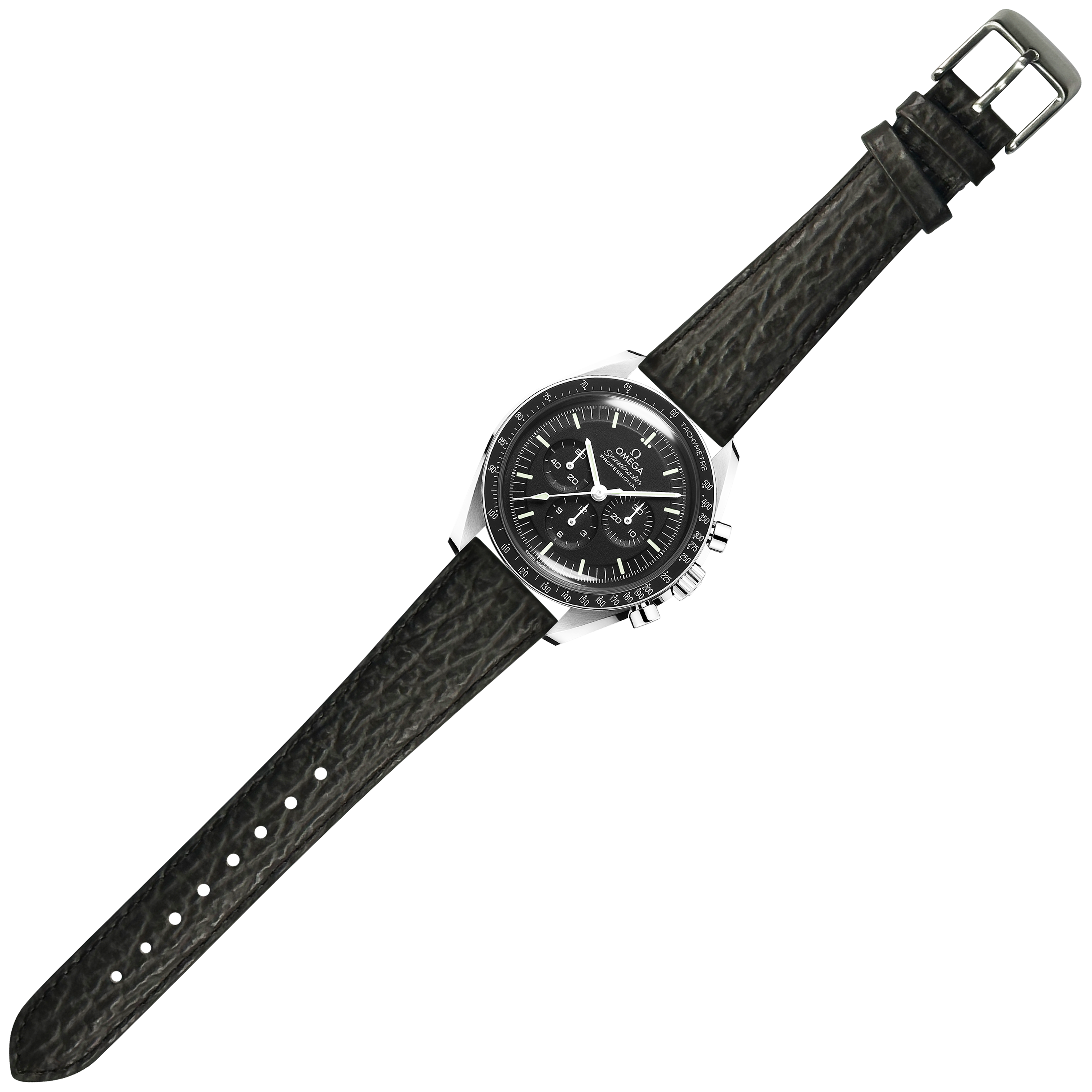 Black chronograph watch with steel case, black dial, subdials, and grey faux sharkskin leather strap with quick release buckle