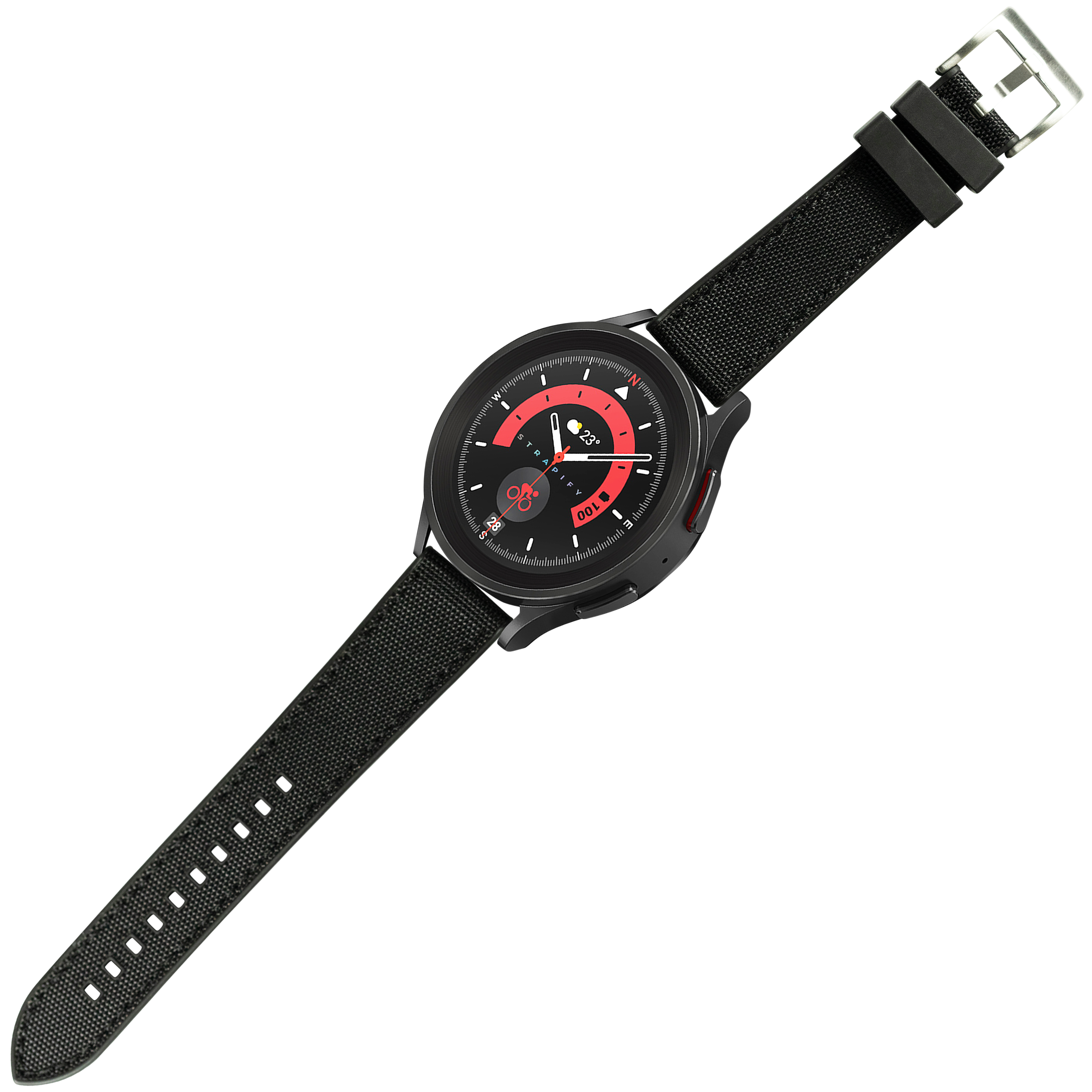 Black smartwatch with red dial, compass bezel, and quick release faux sharkskin strap