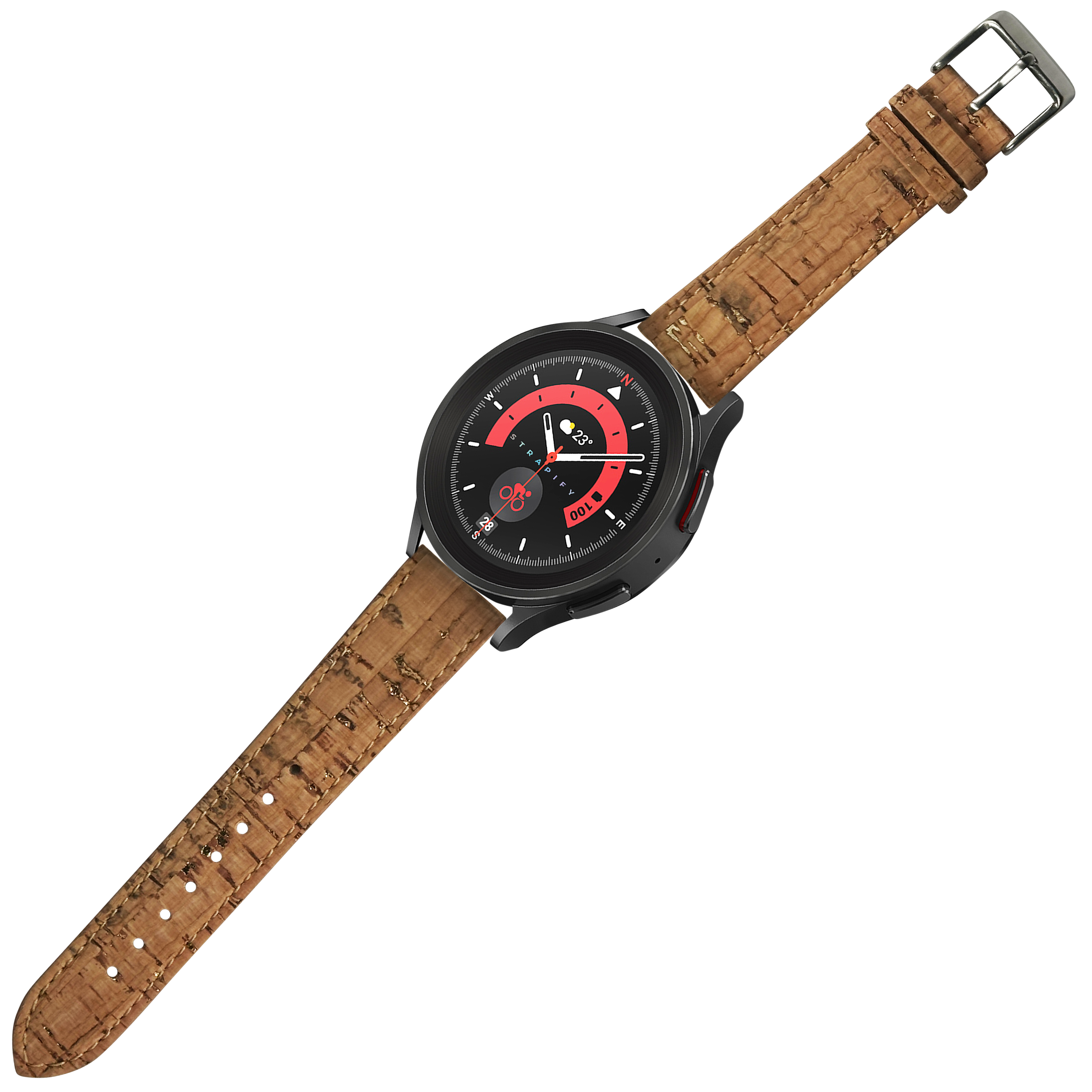 Black smartwatch with red dial and cork vegan leather quick release strap in brown color