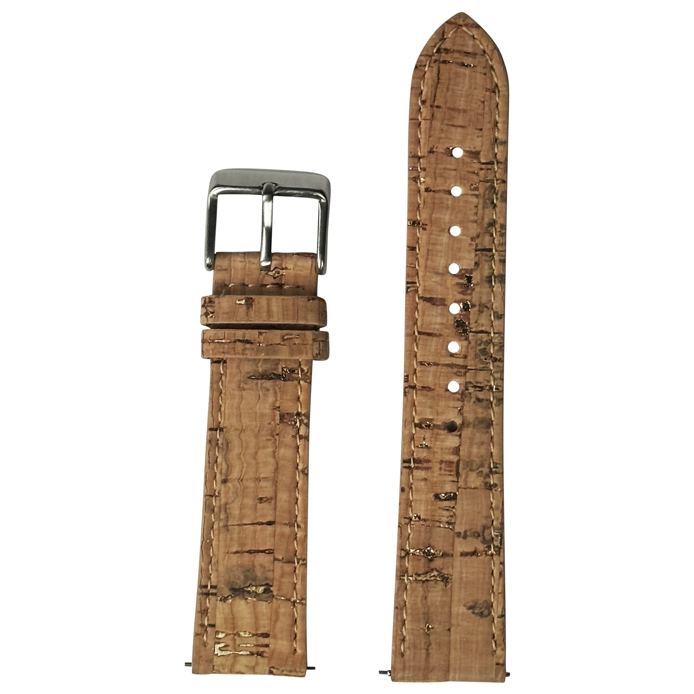 Brown cork vegan leather watch strap 26mm with gunmetal buckle and quick-fit system, front and back view