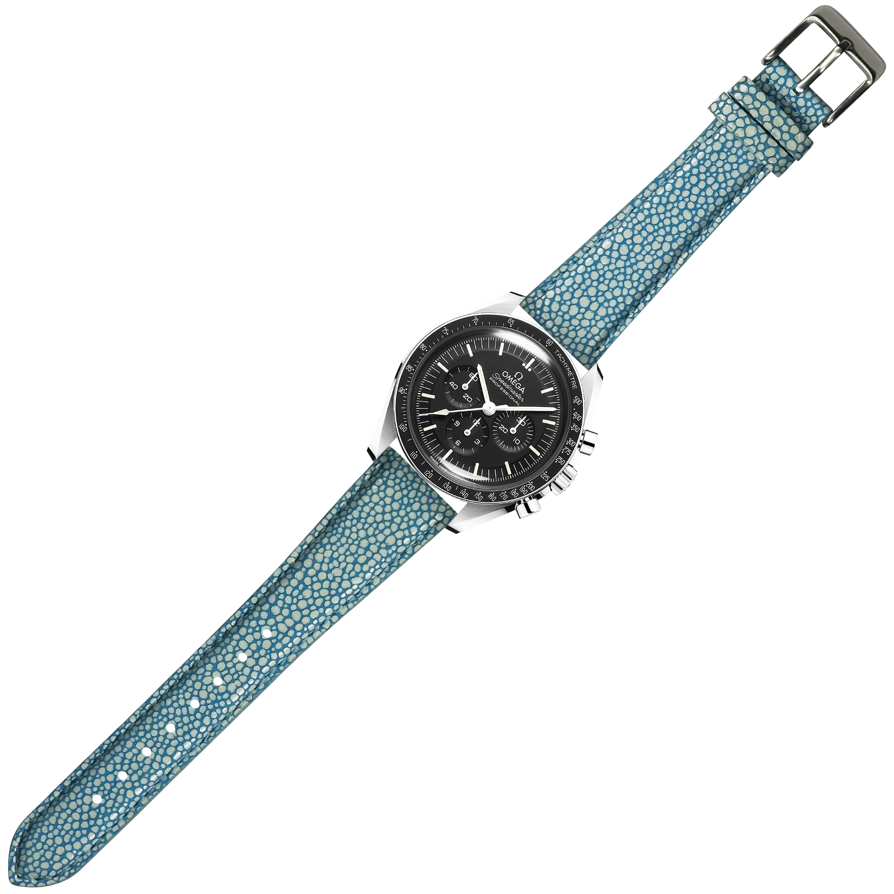 Stainless steel chronograph watch with black dial on blue faux stingray leather quick-release strap