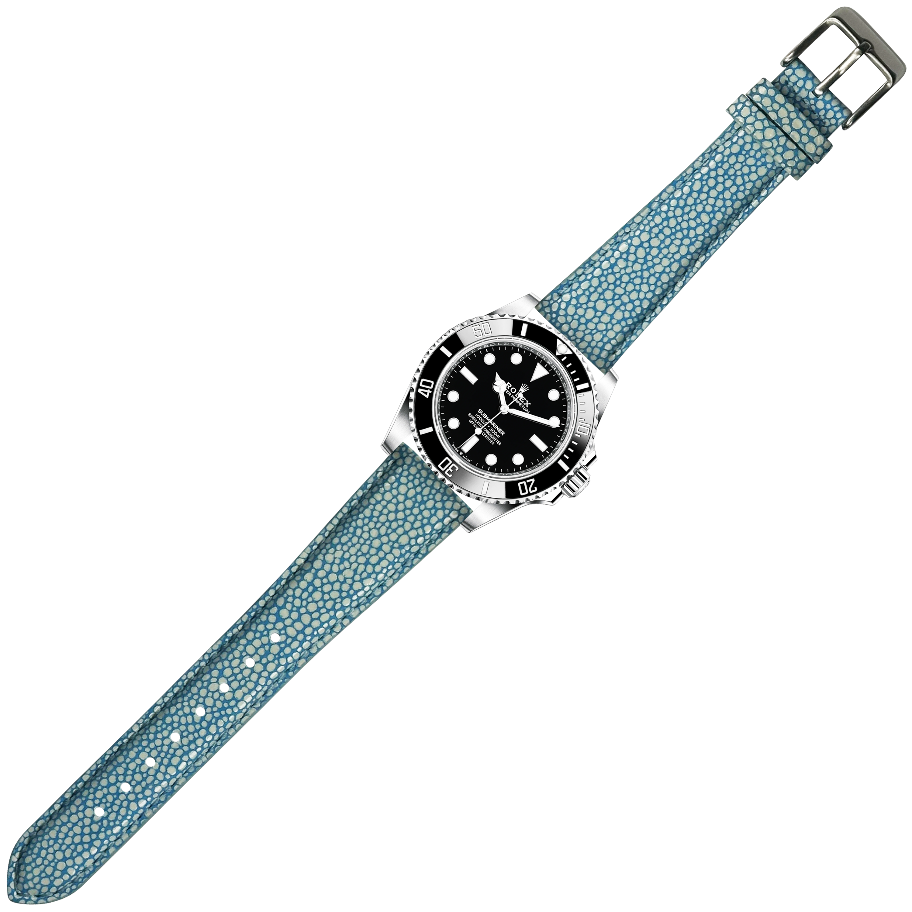 Silver dive watch with black dial and rotating bezel on blue textured faux stingray quick release strap