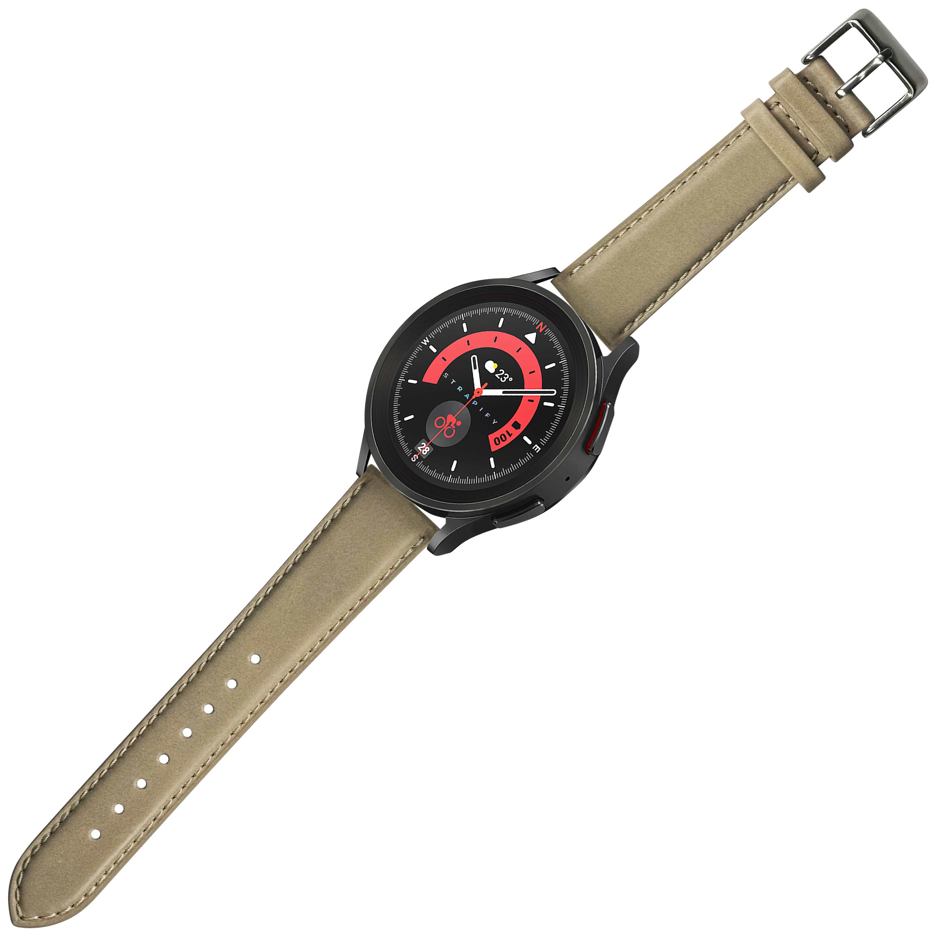 Black smartwatch with red dial and cream leather quick release strap featuring metal buckle