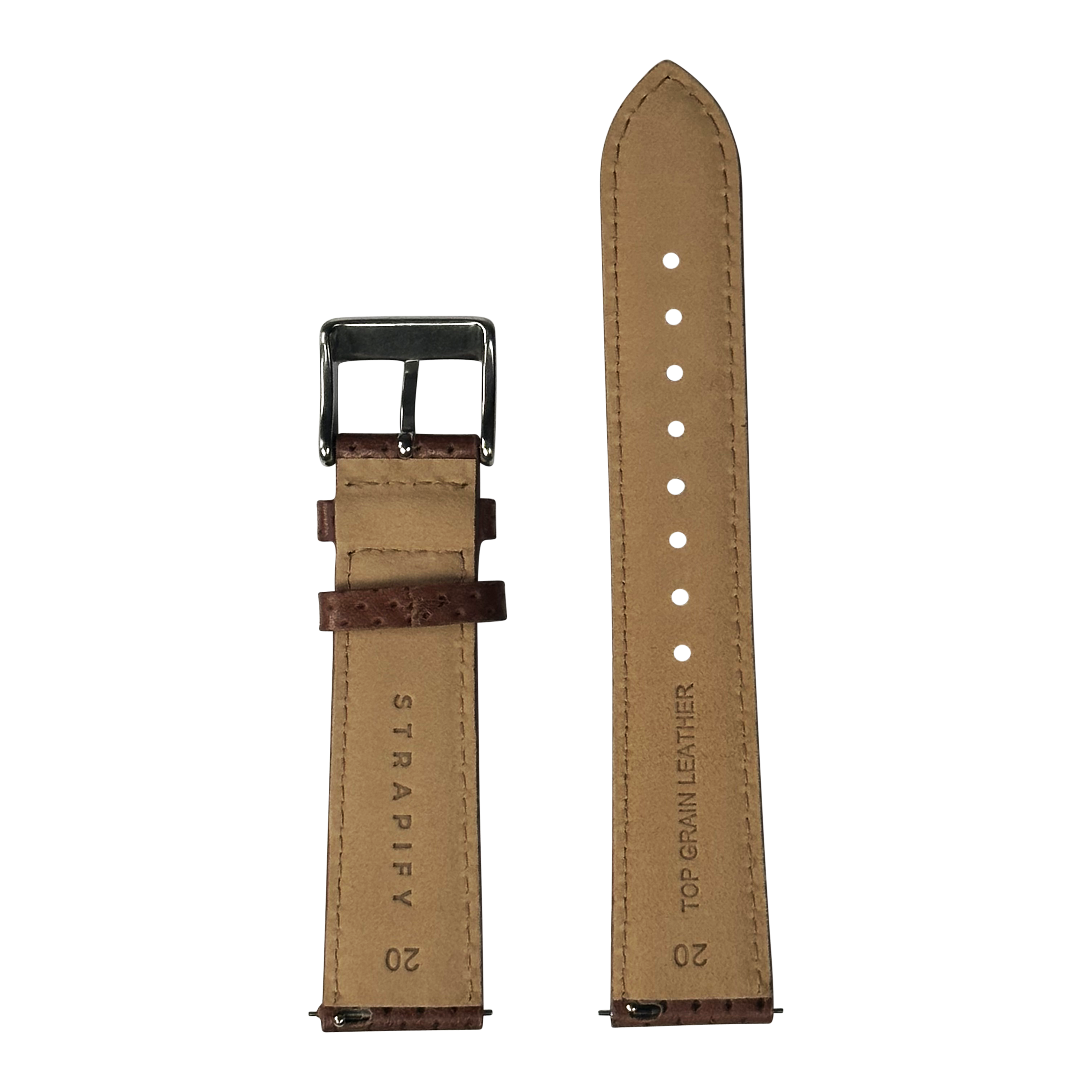 Brown leather quick release watch strap with perforations, polished steel buckle and stitch detailing shown front and back