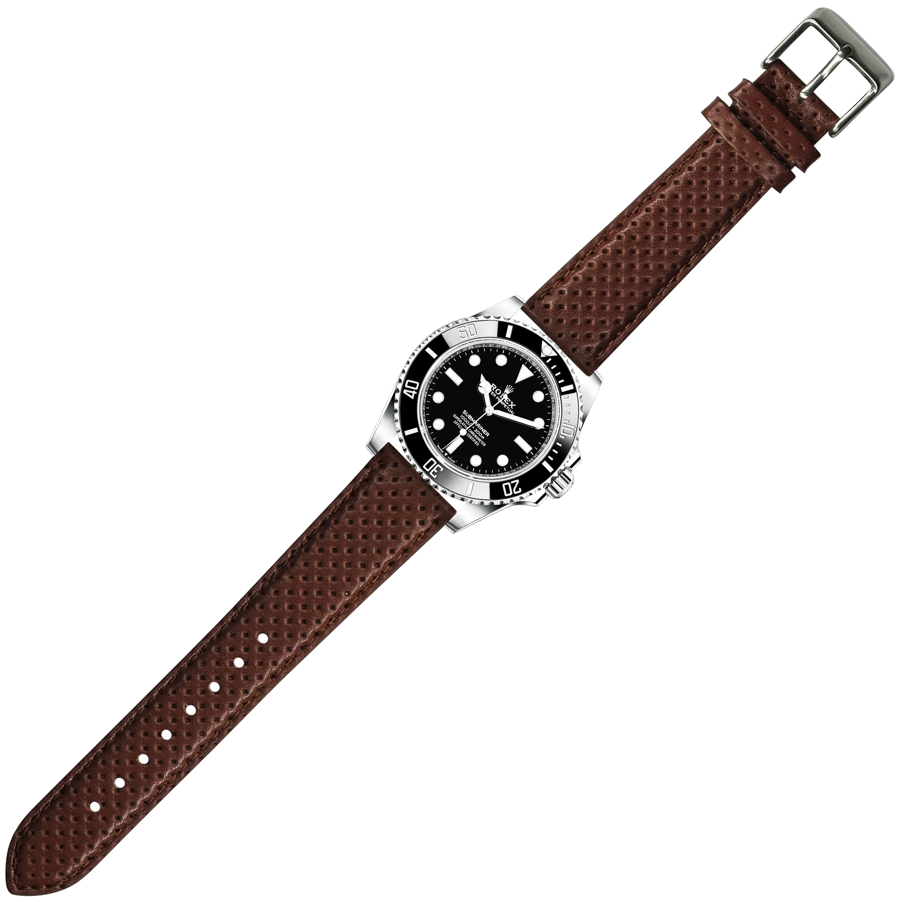 Stainless steel dive watch with black dial on brown perforated quick release leather racing strap