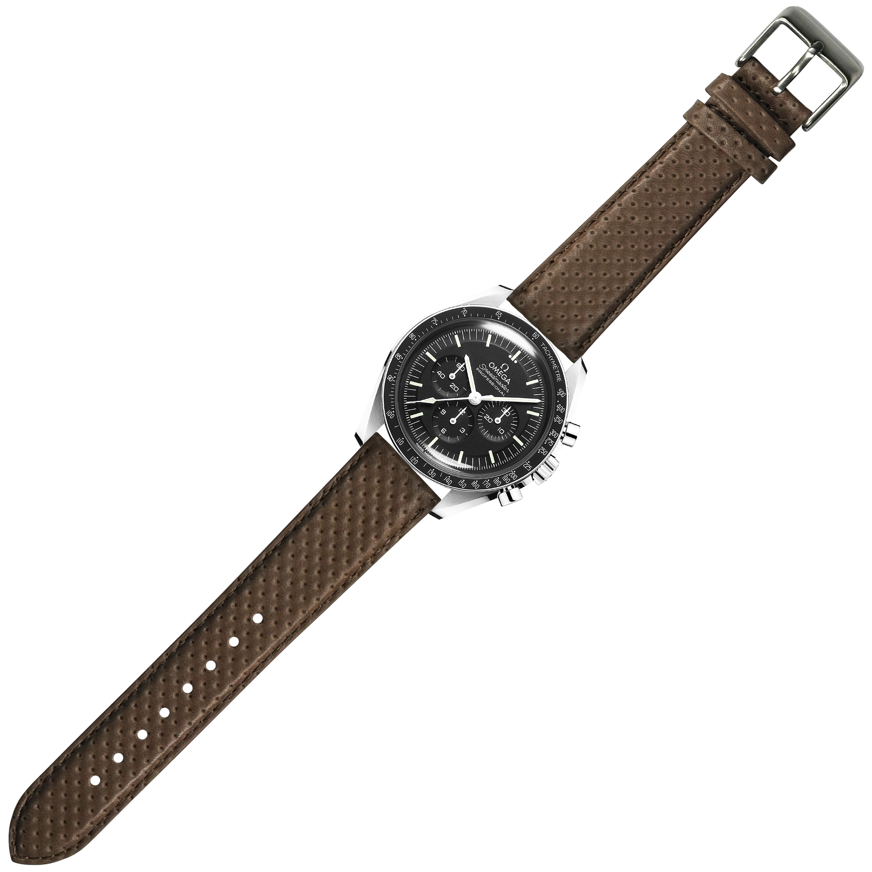 Silver chronograph watch with black dial and perforated brown leather racing strap with quick release buckle