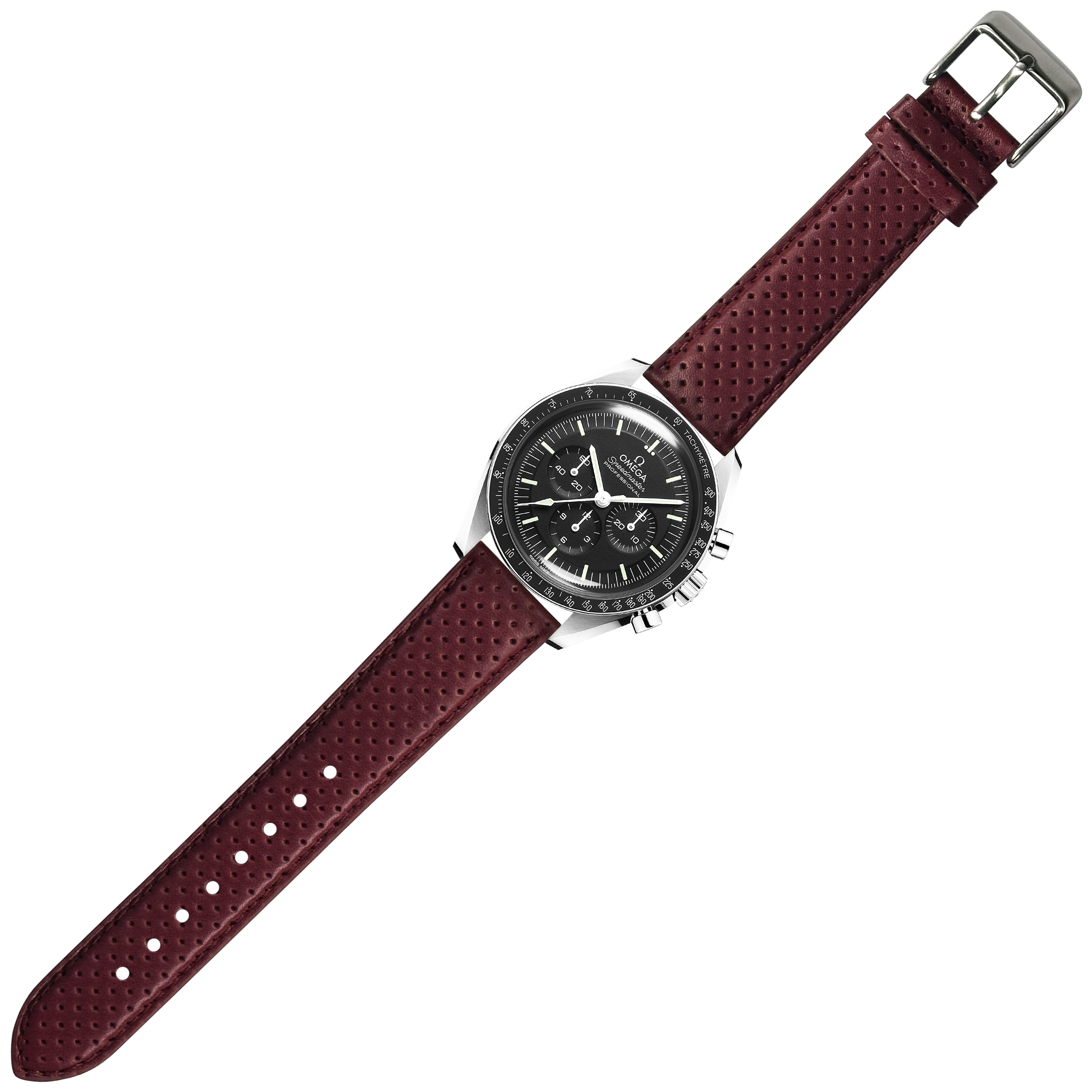 Men's chronograph watch with black dial and stainless steel case paired with perforated maroon leather racing strap and quick release buckle