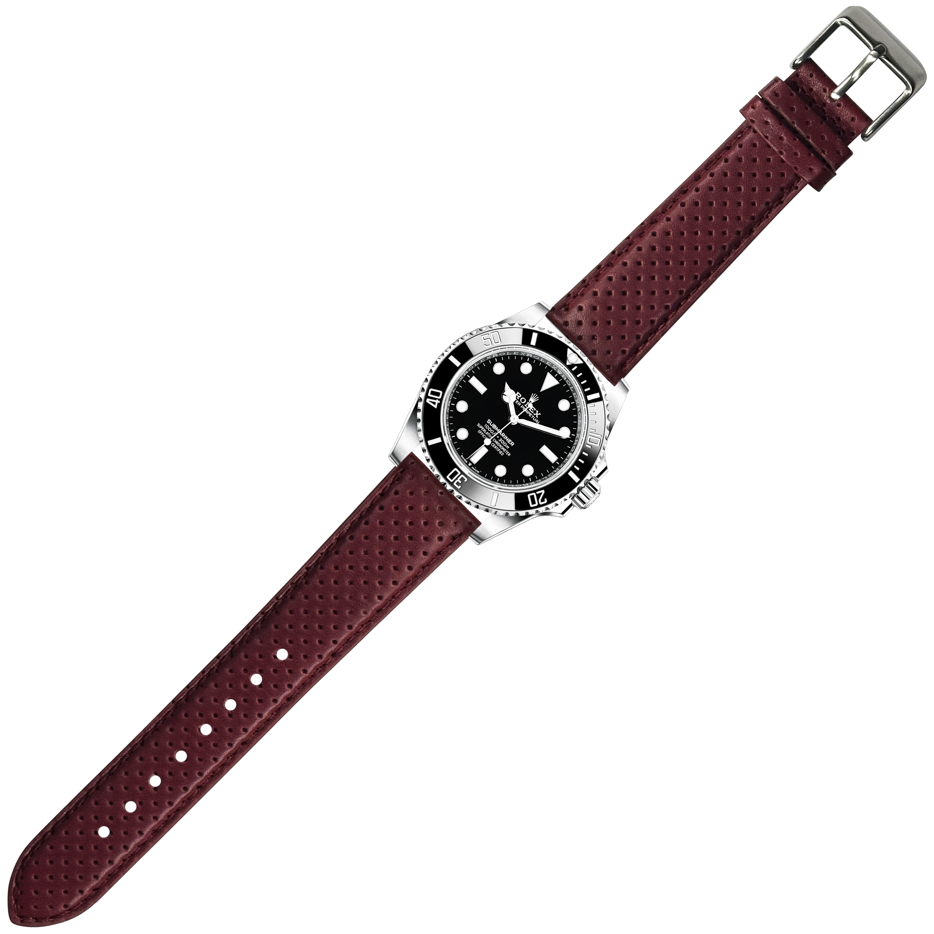 Stainless steel dive watch with black dial on maroon perforated quick release leather strap with buckle