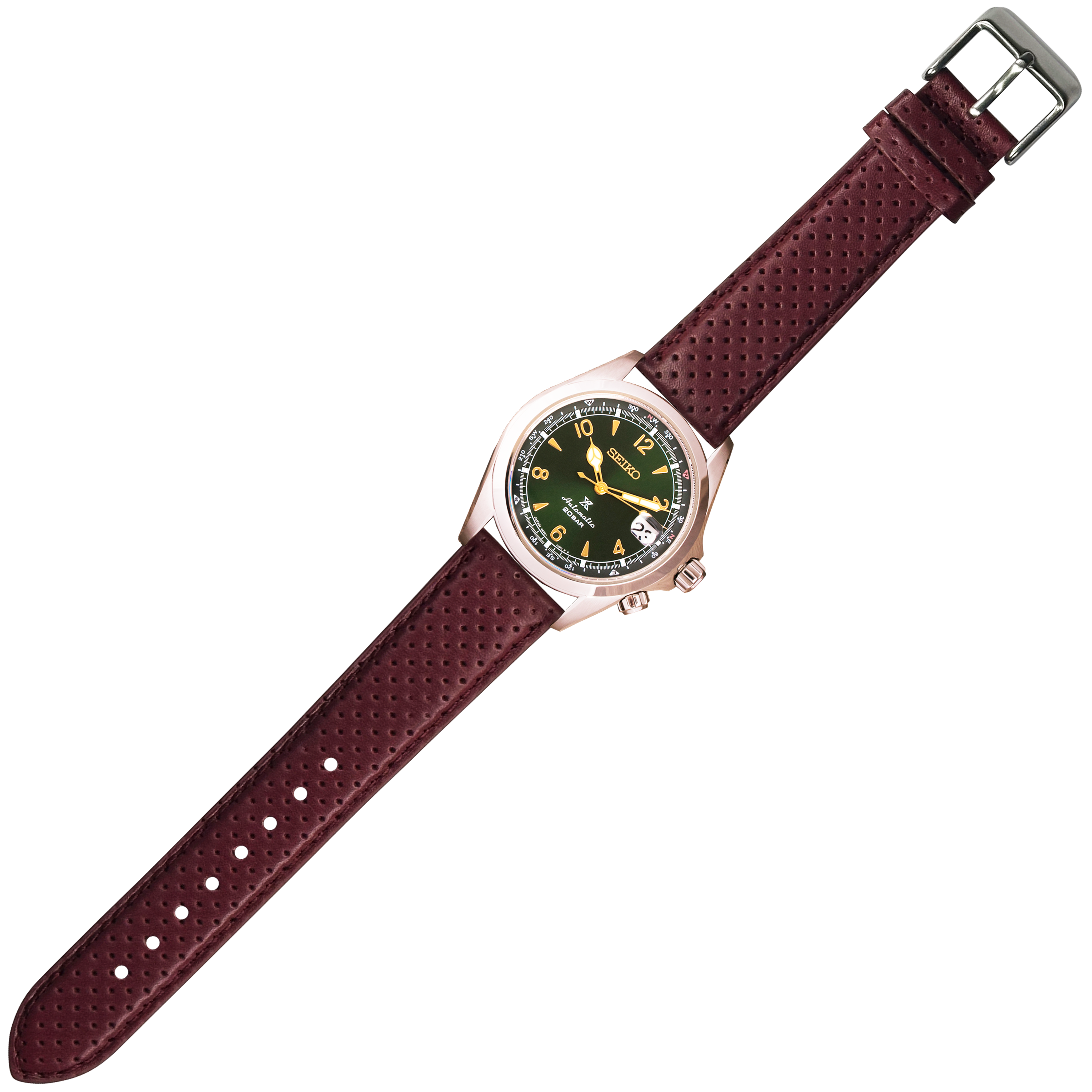 Seiko watch with green dial and gold markers on maroon perforated quick release racing leather strap with stainless steel buckle