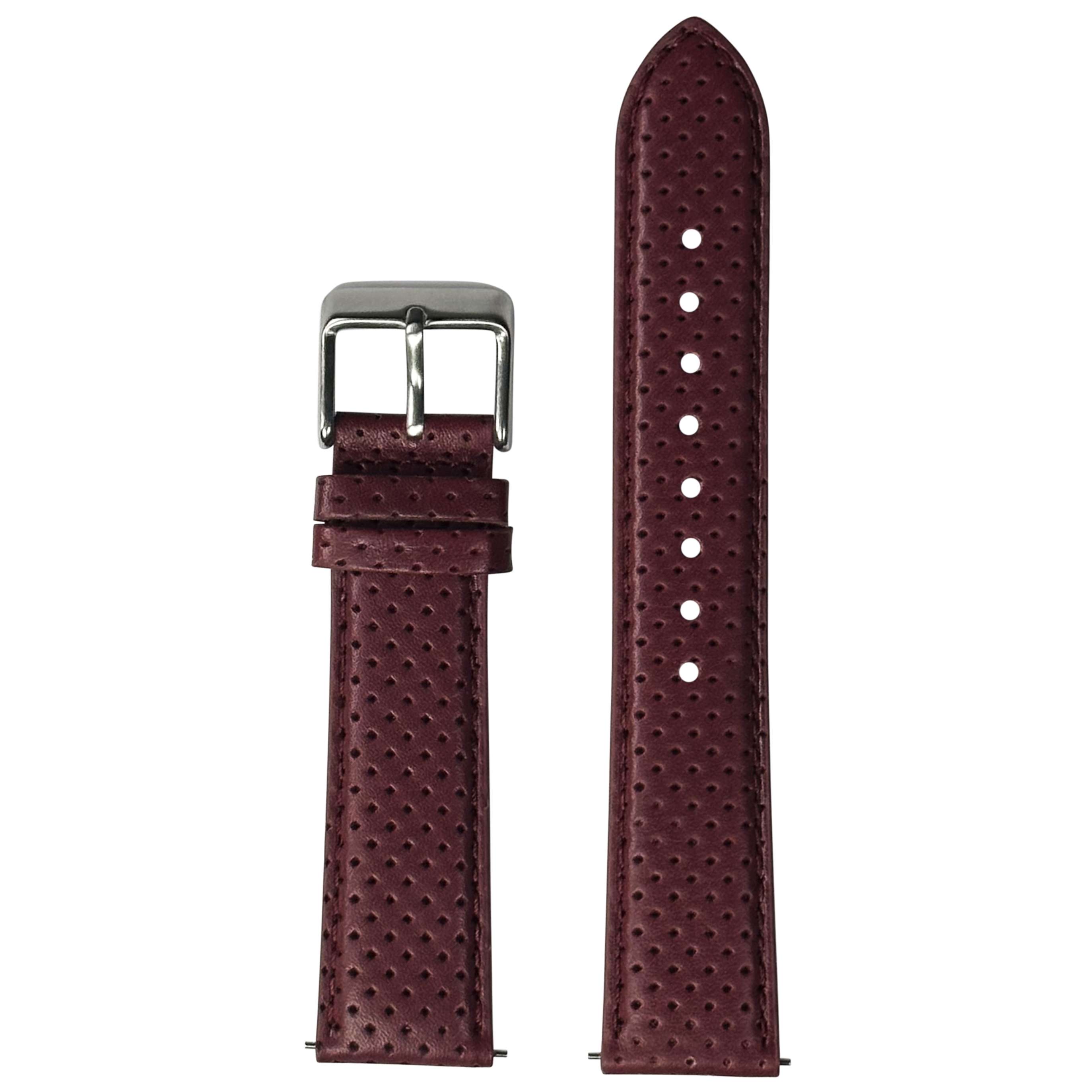 Maroon perforated racing leather watch strap with quick release buckle and stainless steel hardware