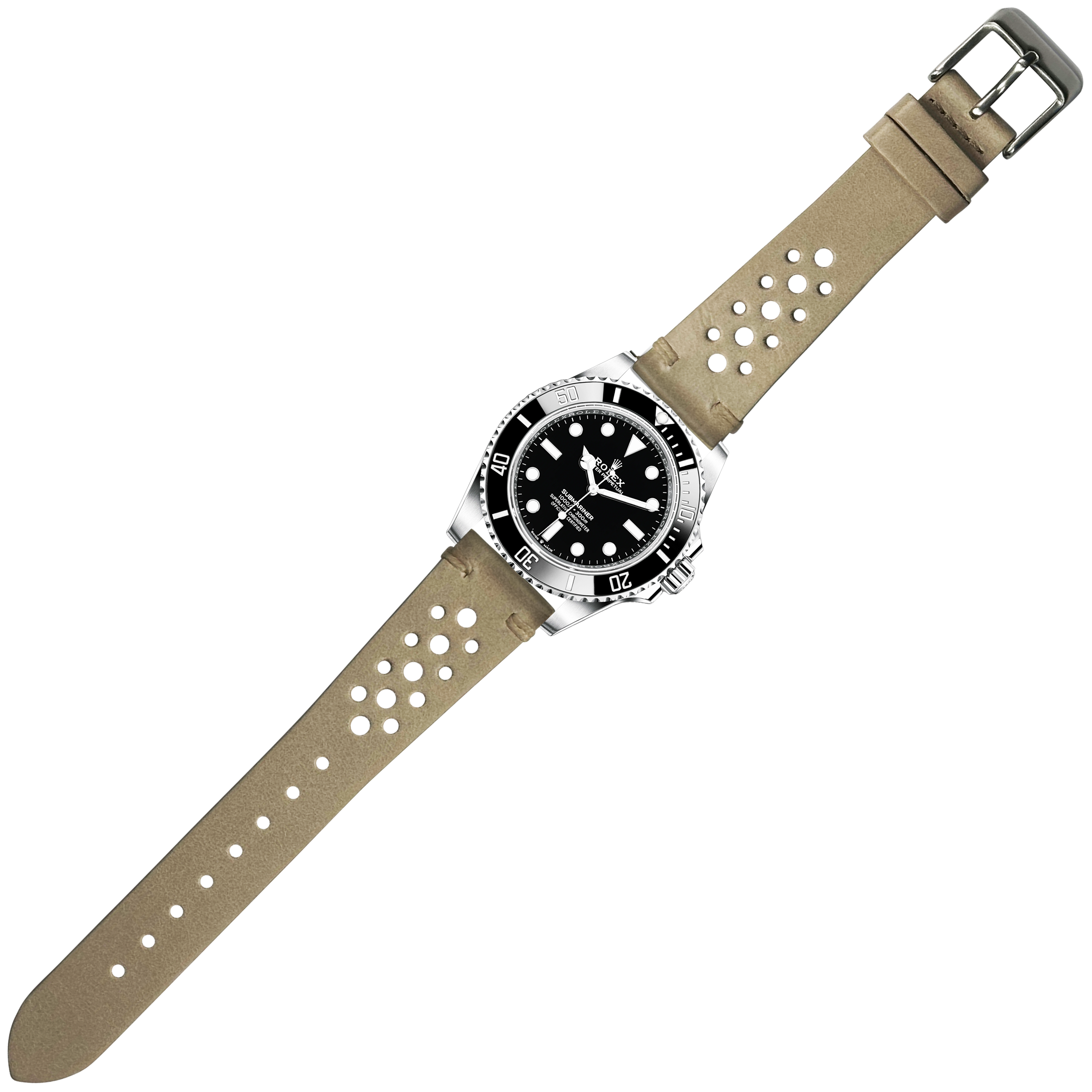 Vintage cream leather rally watch strap with quick release, perforated design, and stainless steel buckle for dive watch