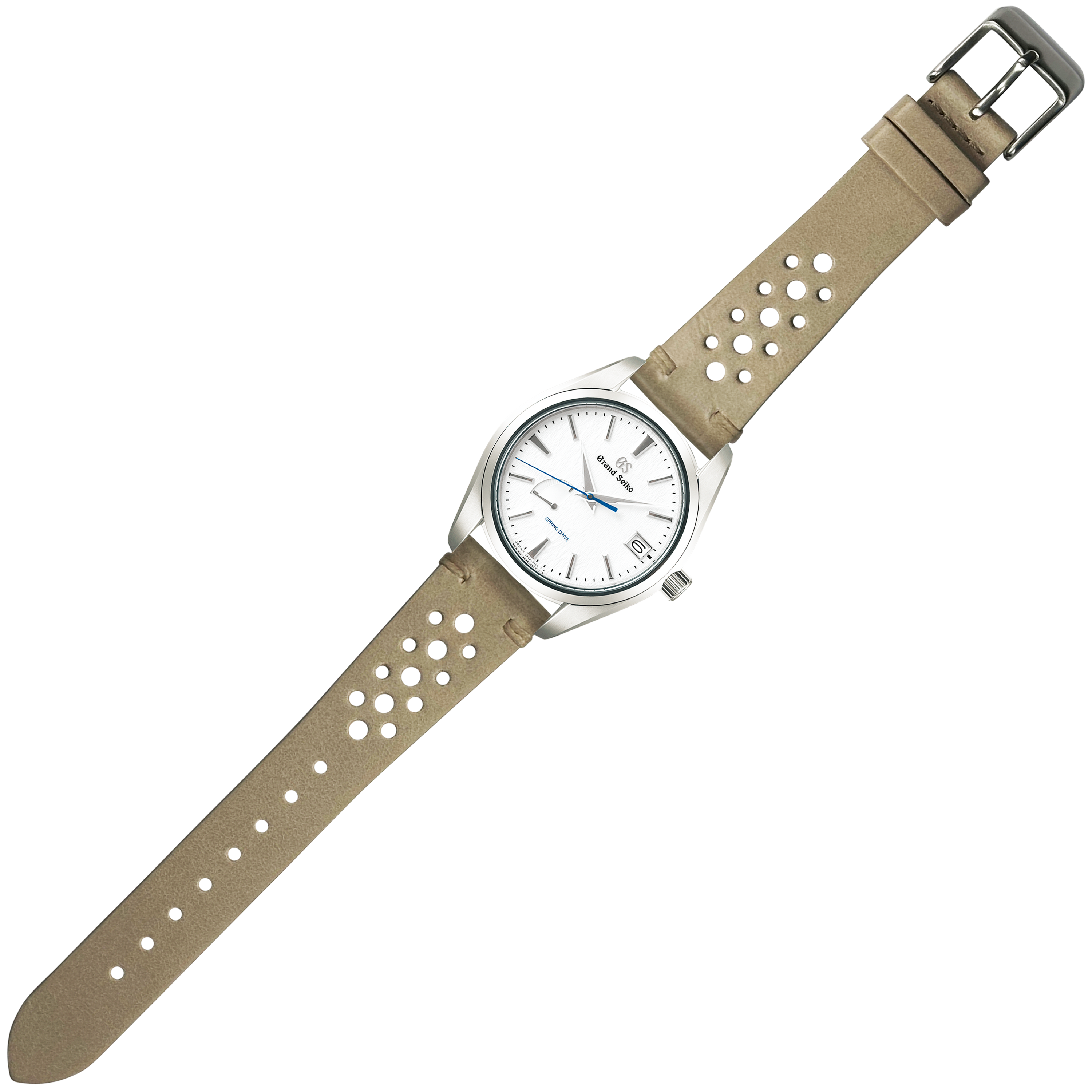 Vintage Rally cream leather watch with quick release strap, white dial, blue hands, and perforated tan leather band with metal buckle
