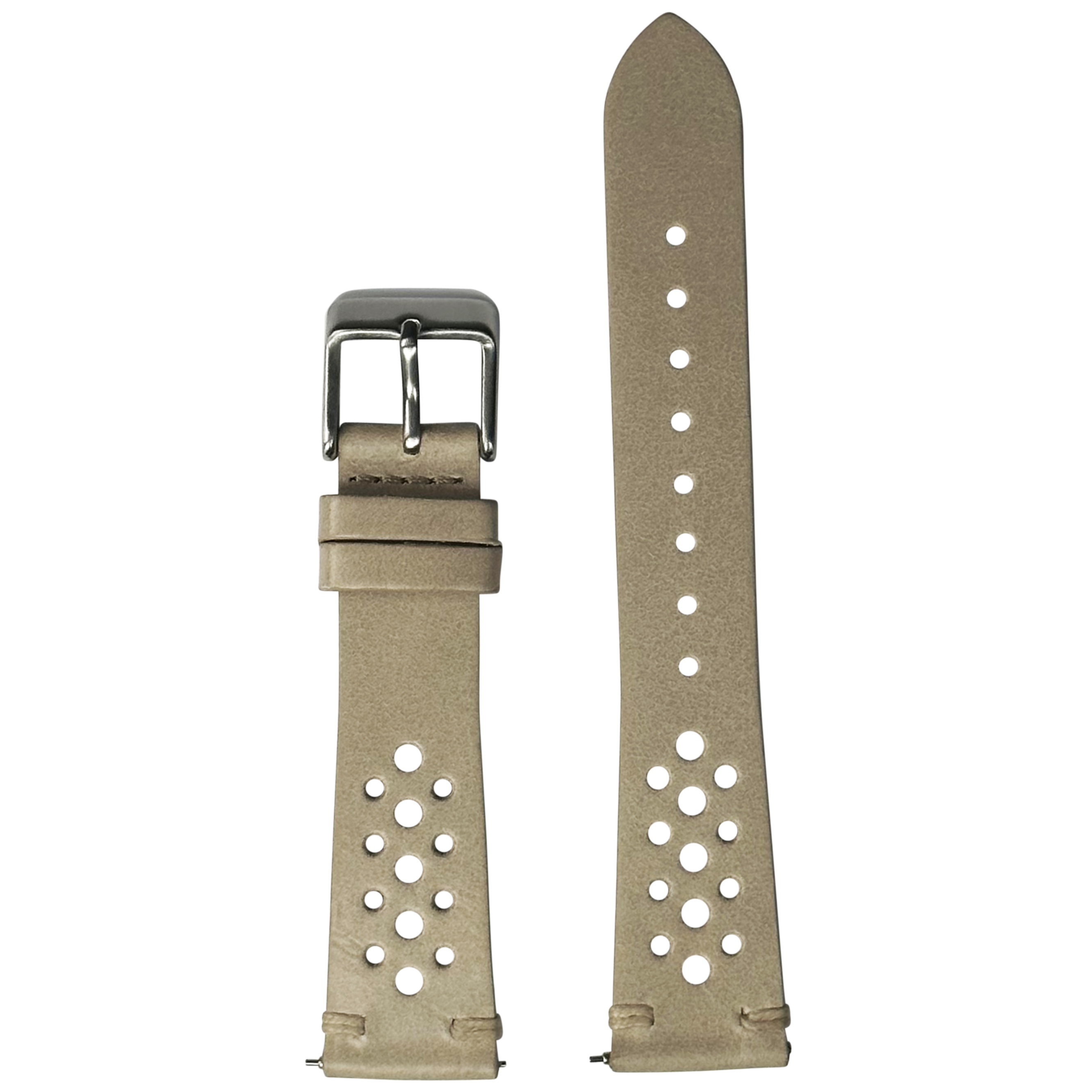 Cream vintage rally leather watch band with perforated vents, 20mm quick-fit strap with metal buckle