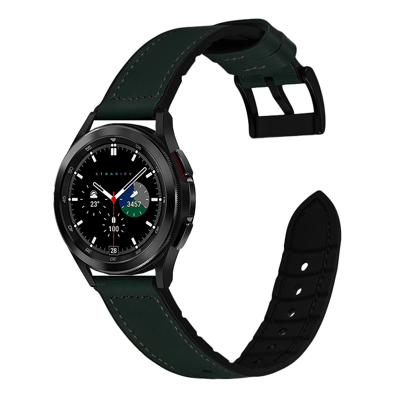 Black smartwatch with forest green leather hybrid band, analog watch face with digital display showing fitness metrics and step count