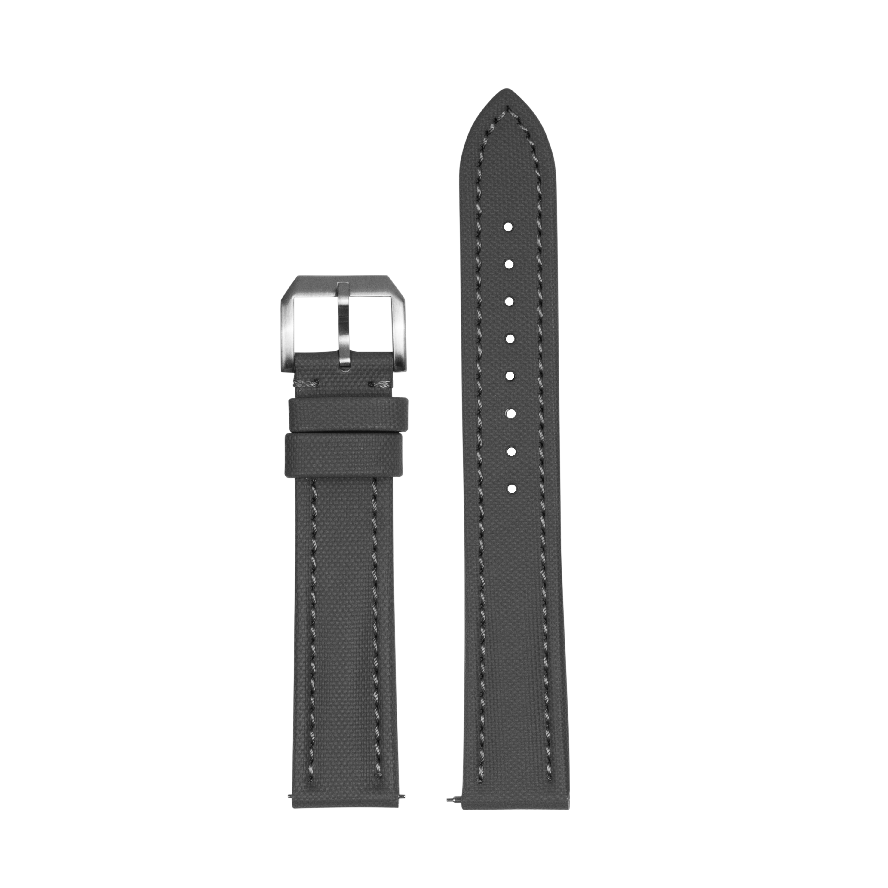 Grey King Sailcloth quick release watch strap flat lay with white stitching