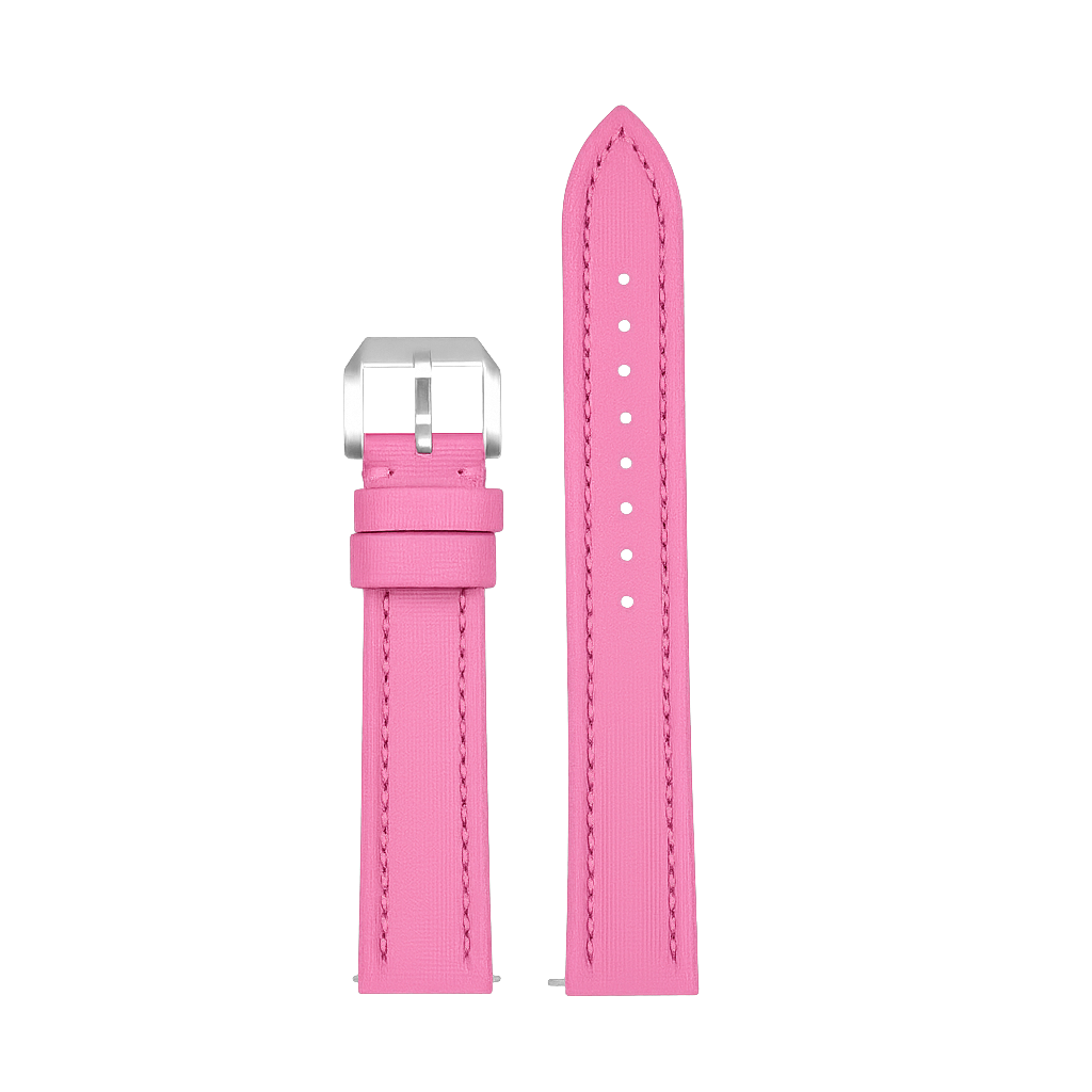 Pink King Sailcloth quick release watch strap flat lay with matching pink stitching