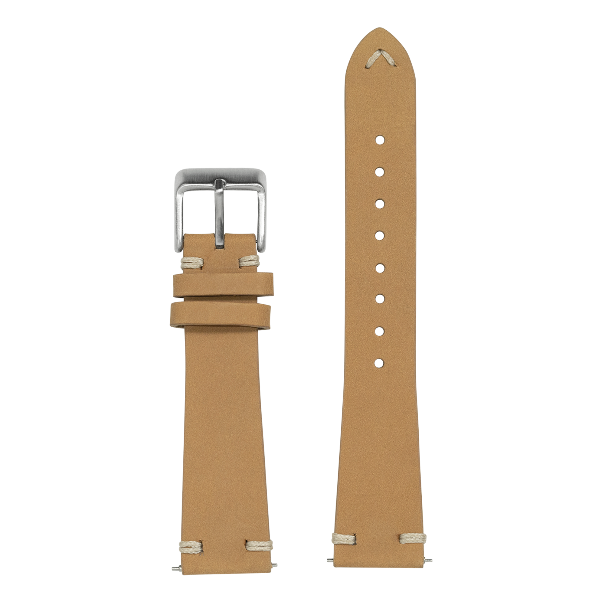 Tan nubuck leather quick release watch strap with silver buckle and vintage knotted design detail