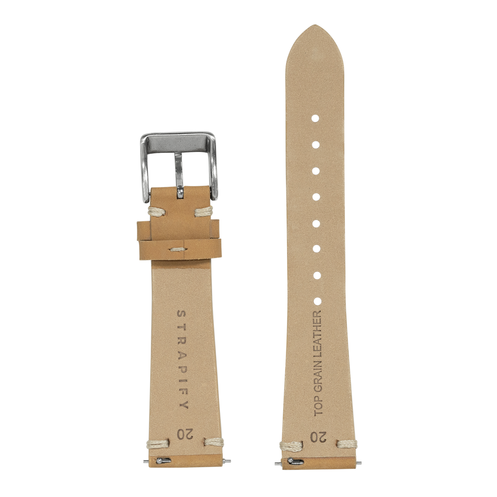 Tan nubuck leather watch band with quick release pins, metal buckle, and vintage knotted design in 20mm width