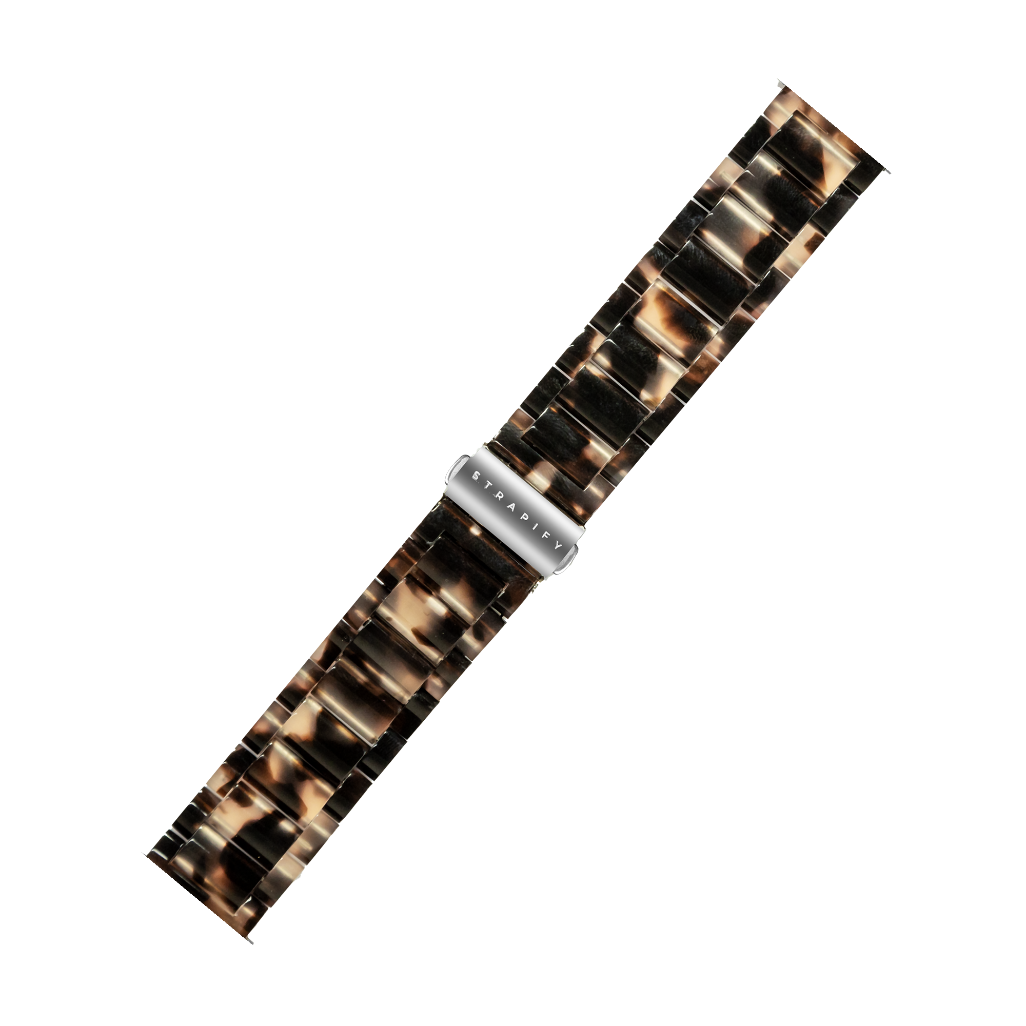 Tortoiseshell dark brown acetate quick release watch band with stainless steel links