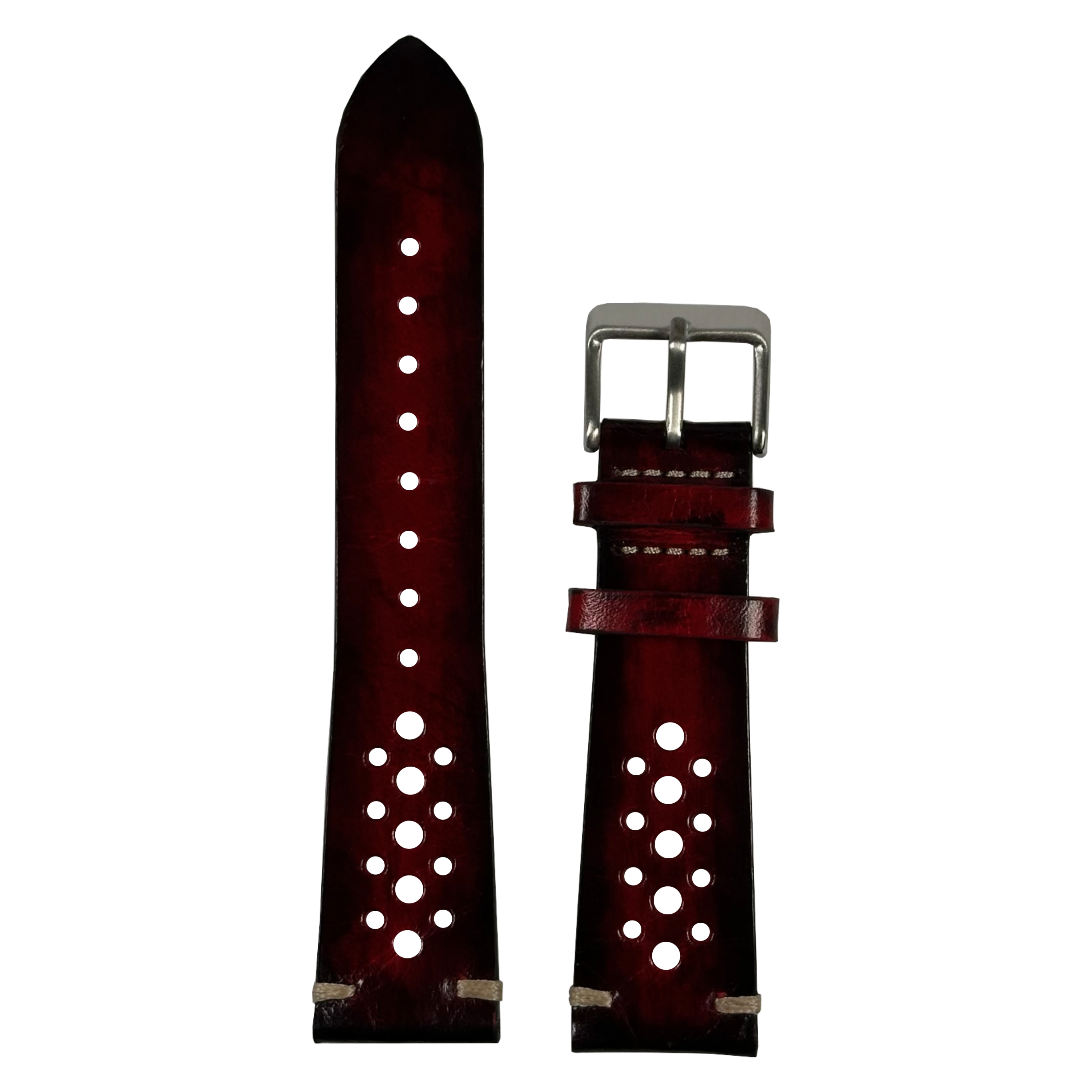 A dark red leather watch strap shown in two pieces against a plain white background, featuring a silver-tone metal buckle and silver-toned metal tips.