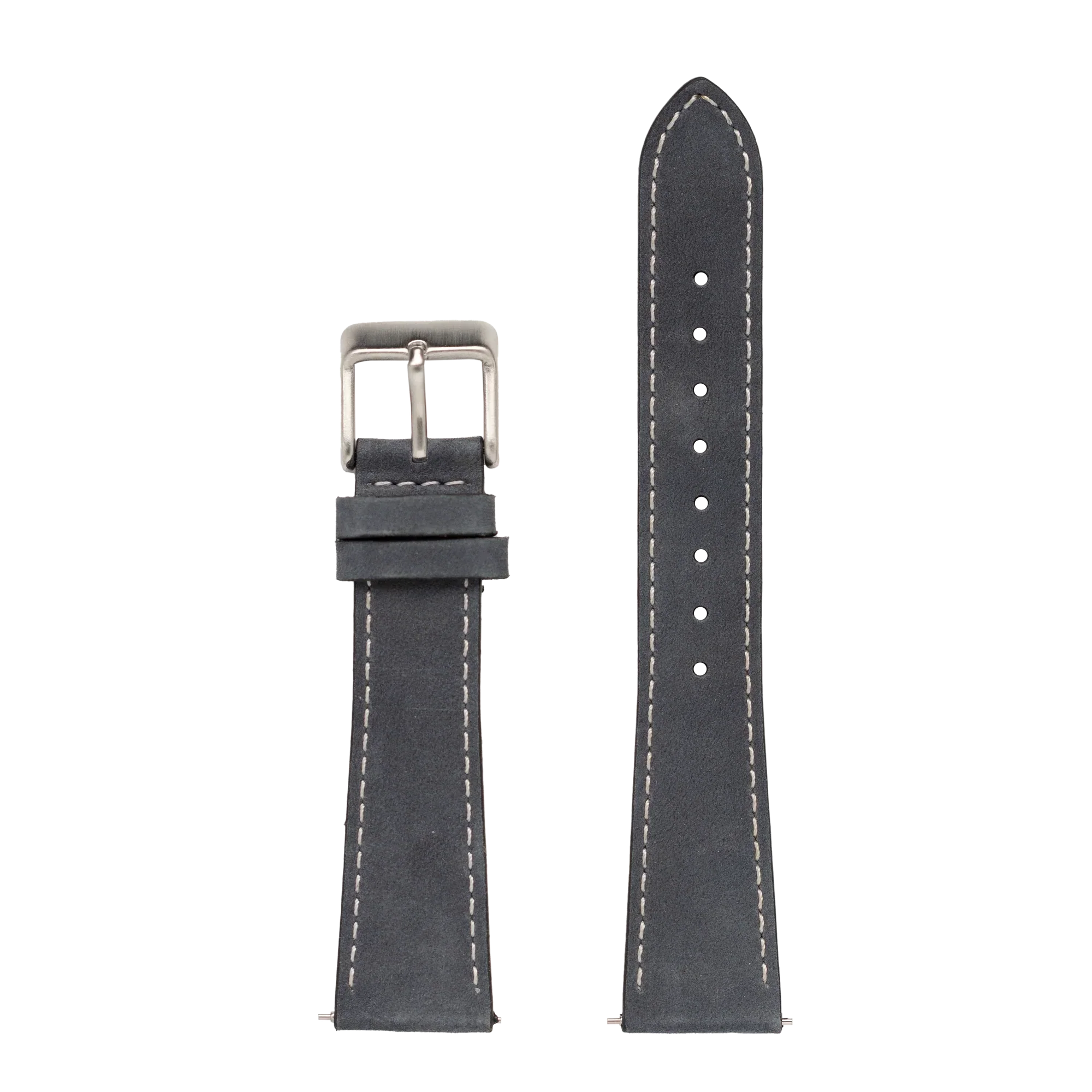 Quick release nubuck leather watch band slate grey with white stitching and silver buckle